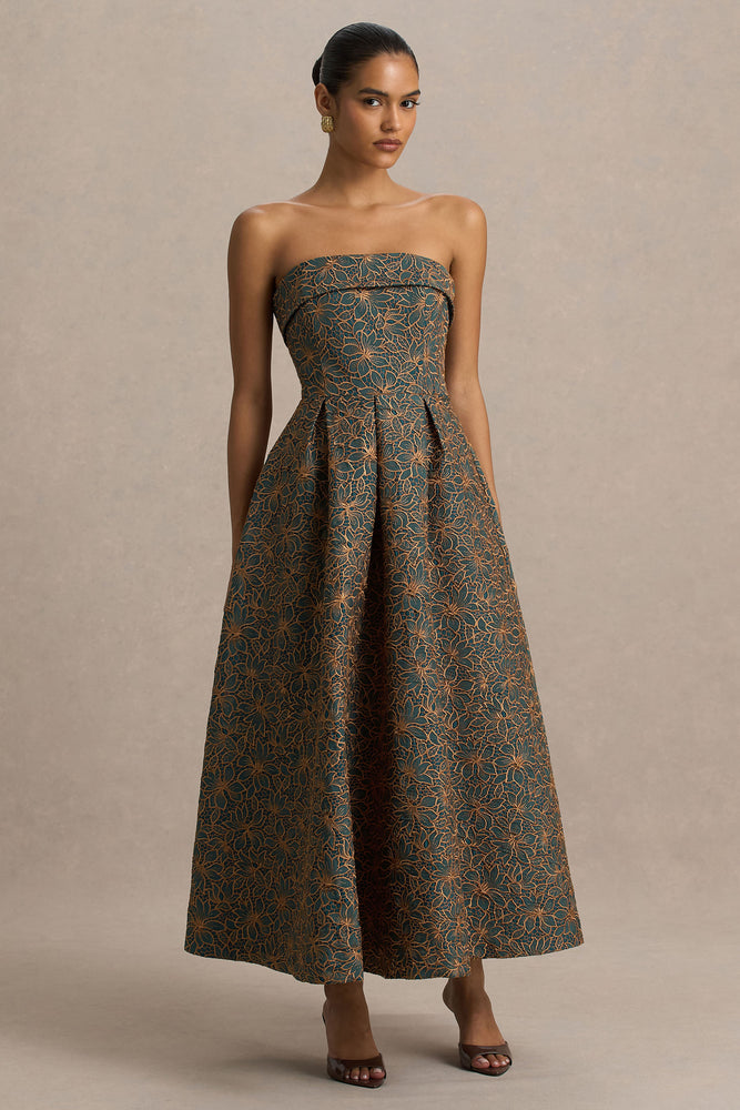 showpo loretta midi dress Loretta Dark Green And Rust Embroidered Bandeau-Neck Midi Dress – Club L  London