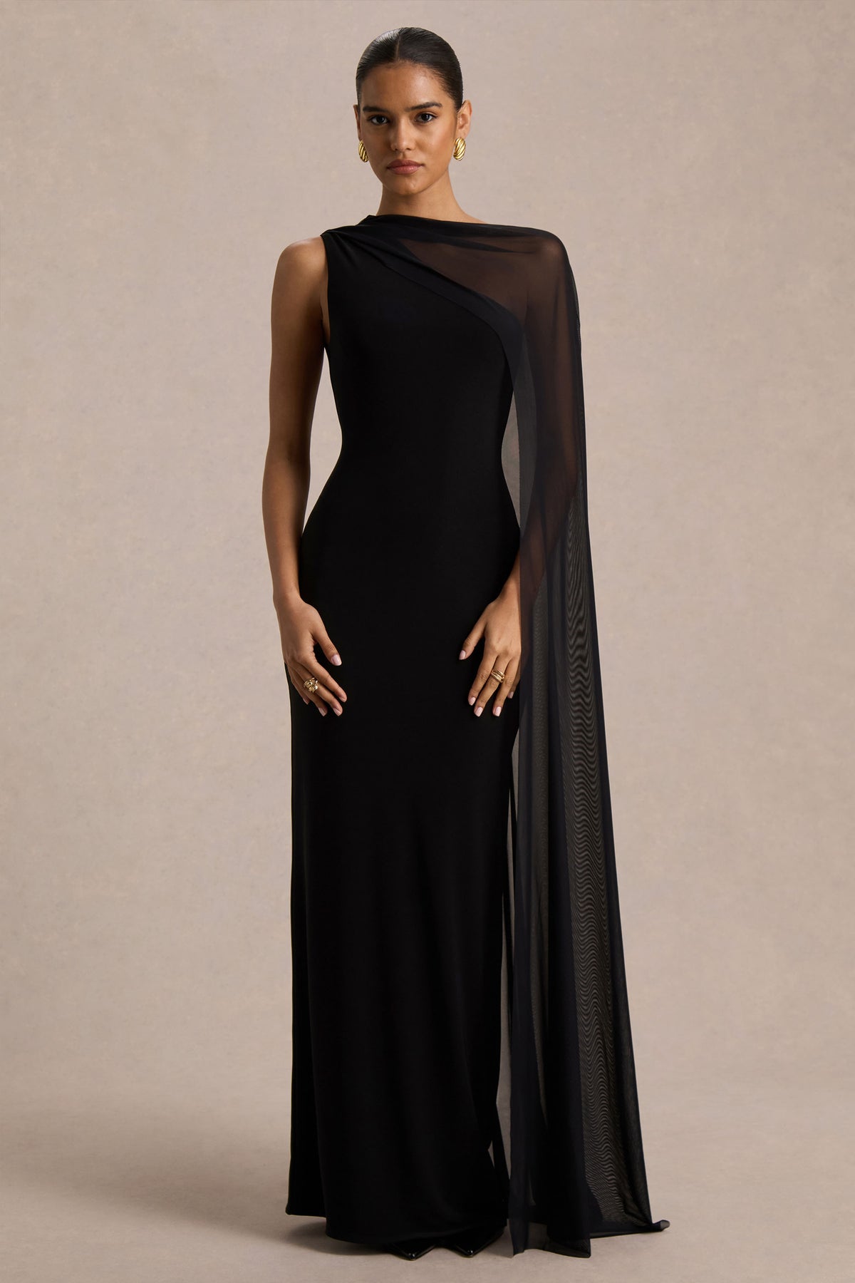 black dress with sheer cape Women's Black Cape-layered dress