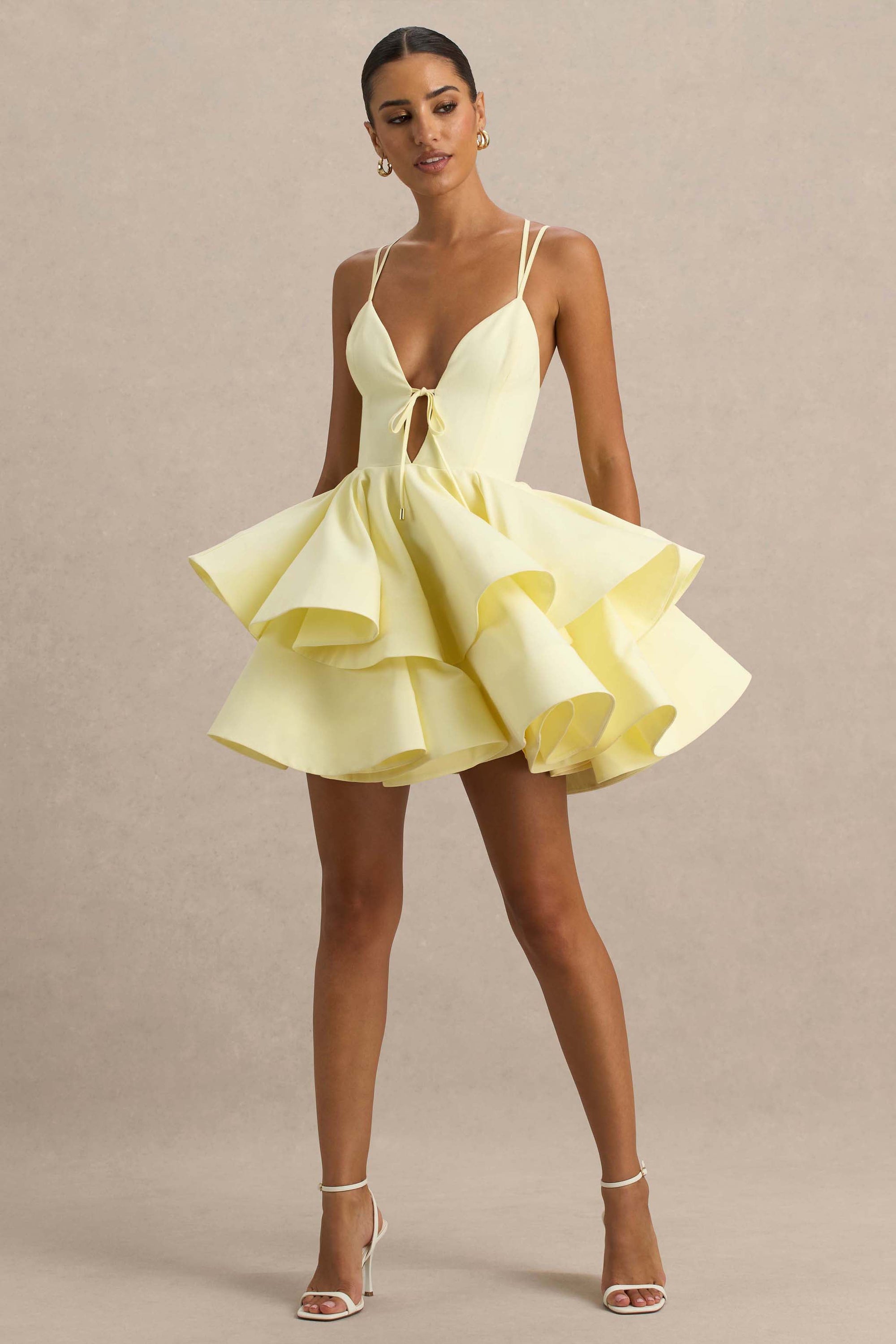 Flavia | Lemon Plunge-Neck Ruffled Skater Micro-Mini Dress – Club L London
