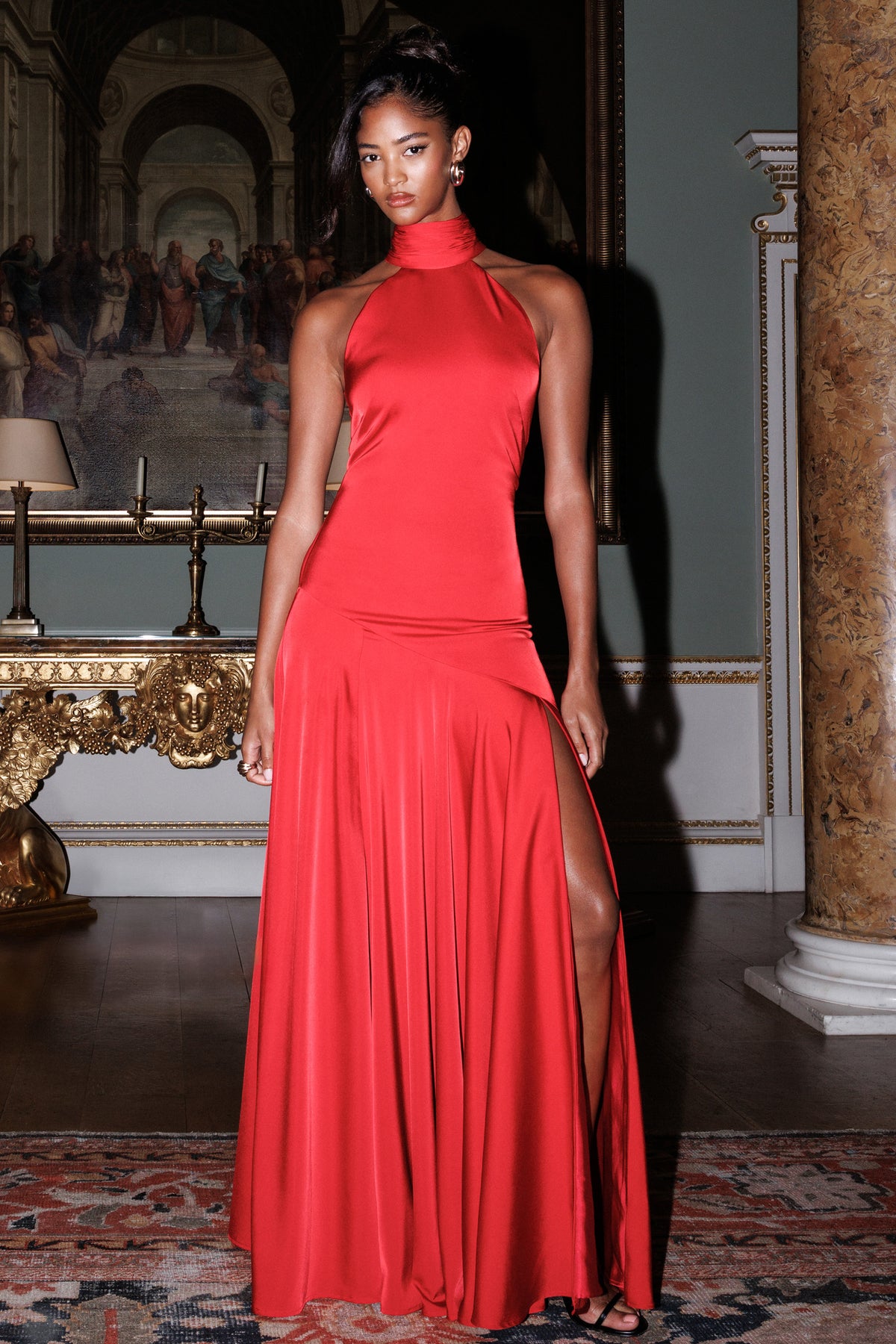 Luscious Red High-Neck Maxi Dress With Drop-Waist And Bow Detail Club L London - SA Luscious Red High-Neck Maxi Dress With Drop-Waist And Bow Detail Club L London - SA
