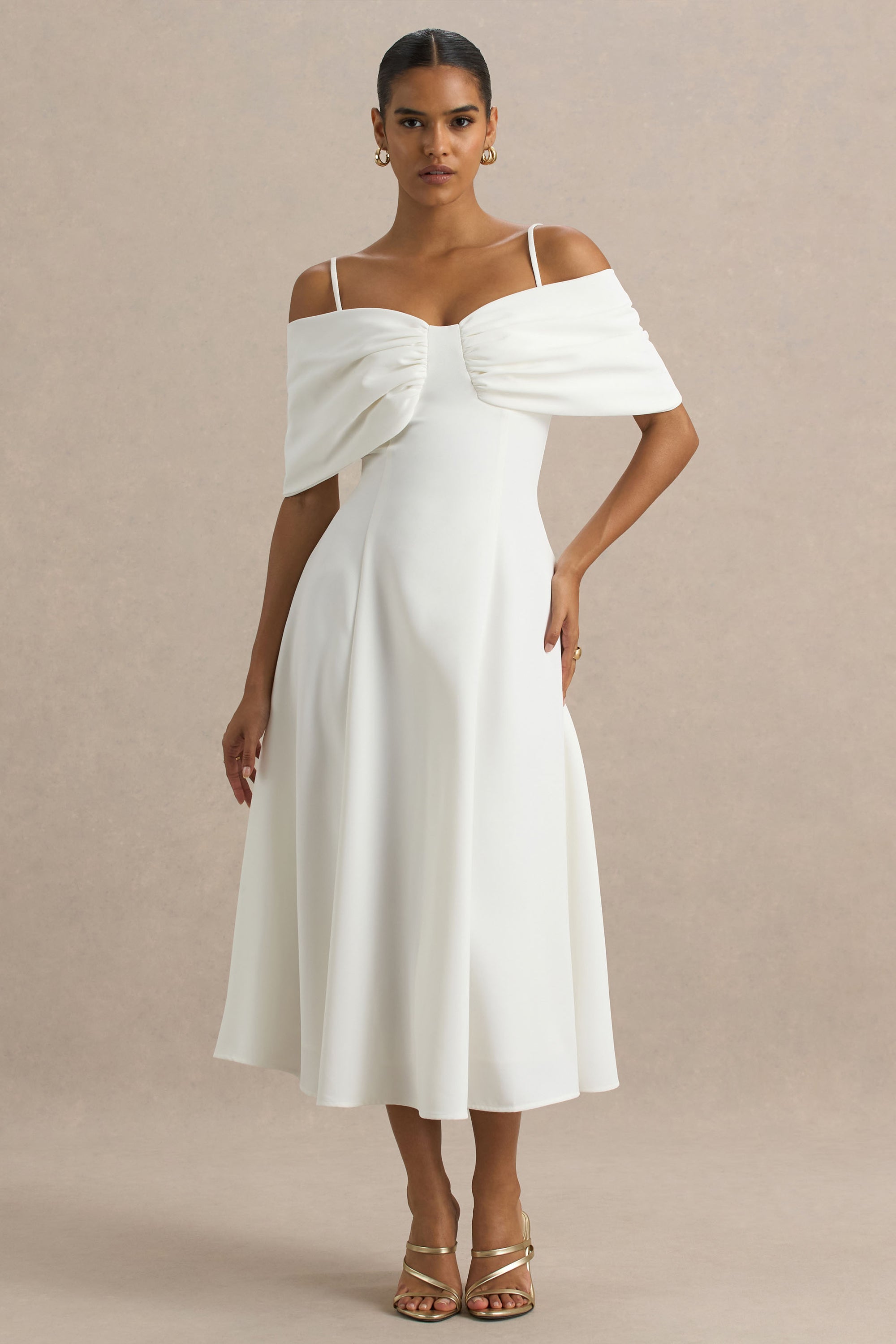 Hettie | White Short-Sleeve Bardot Midi Dress With Bow Detail – Club L London