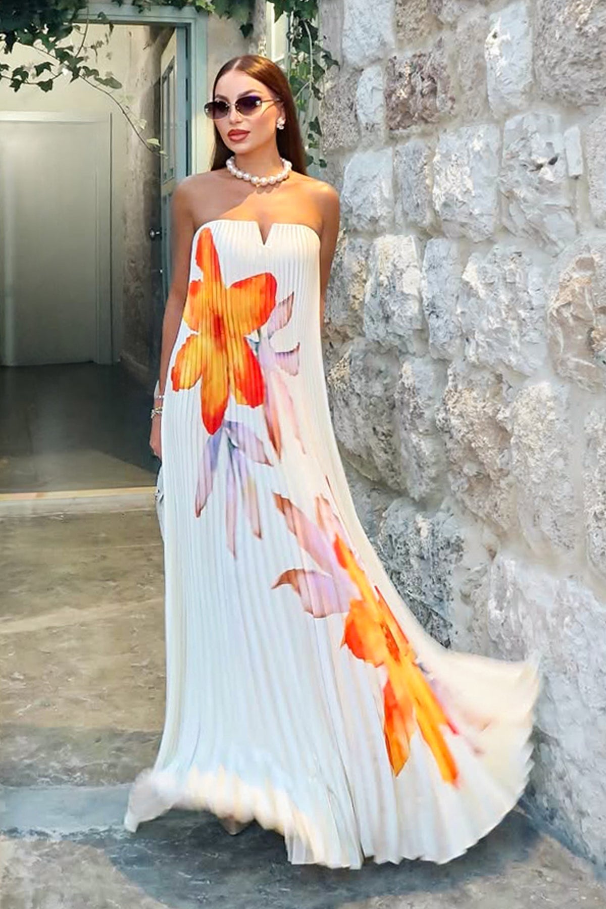 Bergamot Orange Floral Satin Sweetheart Maxi Dress Club L London - SA Bergamot Orange Floral Satin Sweetheart Maxi Dress Club L London - SA