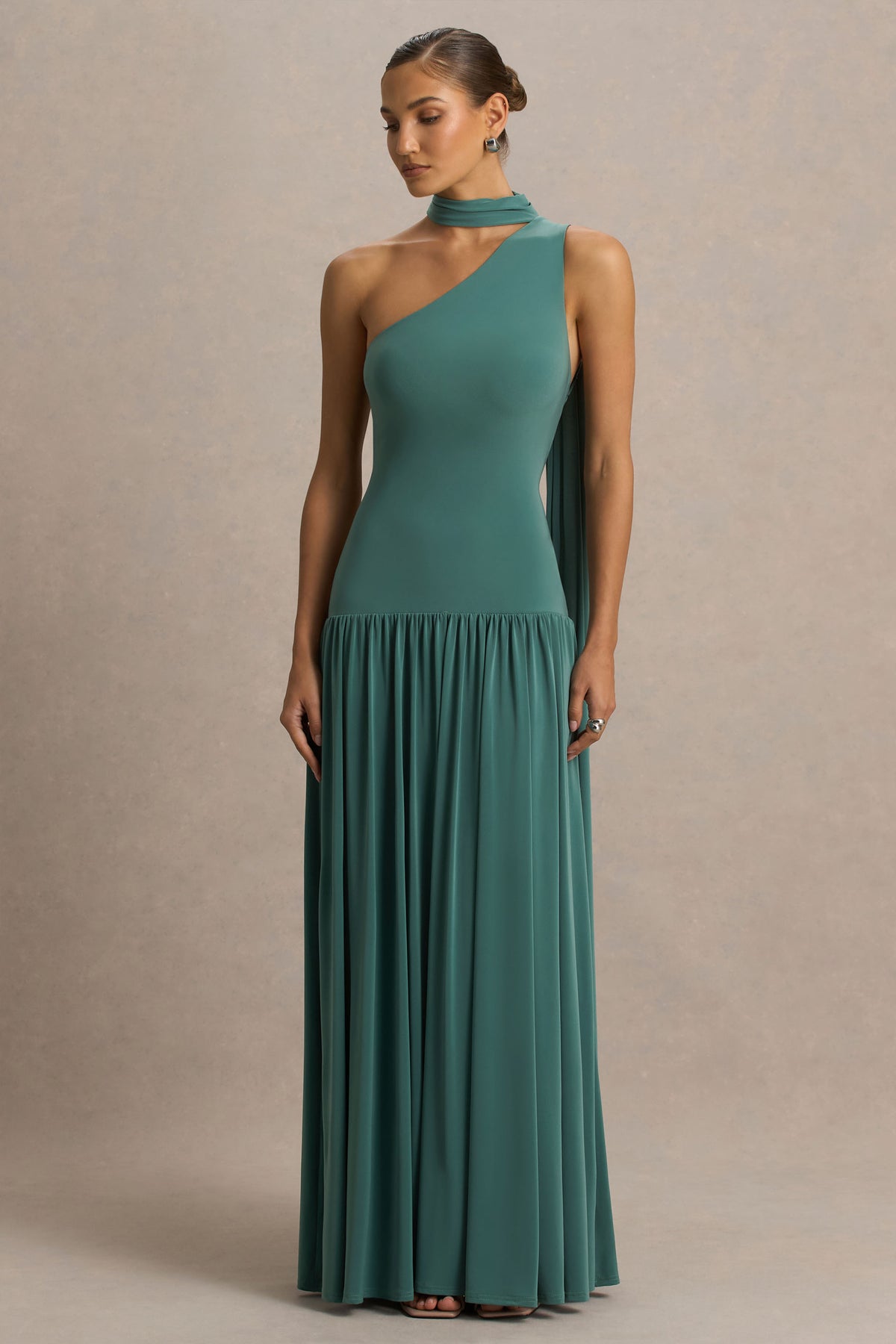 Freesia Teal Asymmetric-Neck Maxi Dress With Scarf-Detail Club L London - SA Freesia Teal Asymmetric-Neck Maxi Dress With Scarf-Detail Club L London - SA