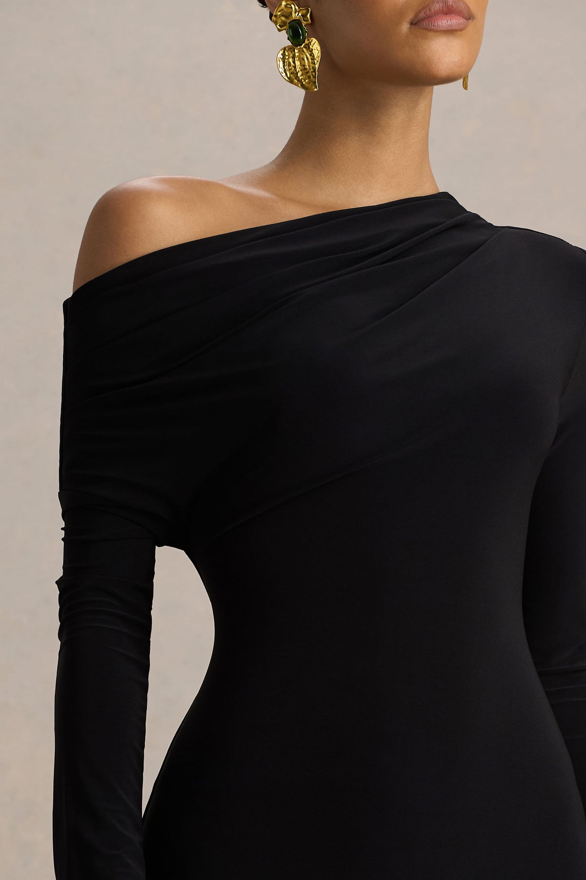 Isola Black Asymmetric-Neck Midi Dress With Drop-Waist Club L London - SA Isola Black Asymmetric-Neck Midi Dress With Drop-Waist Club L London - SA