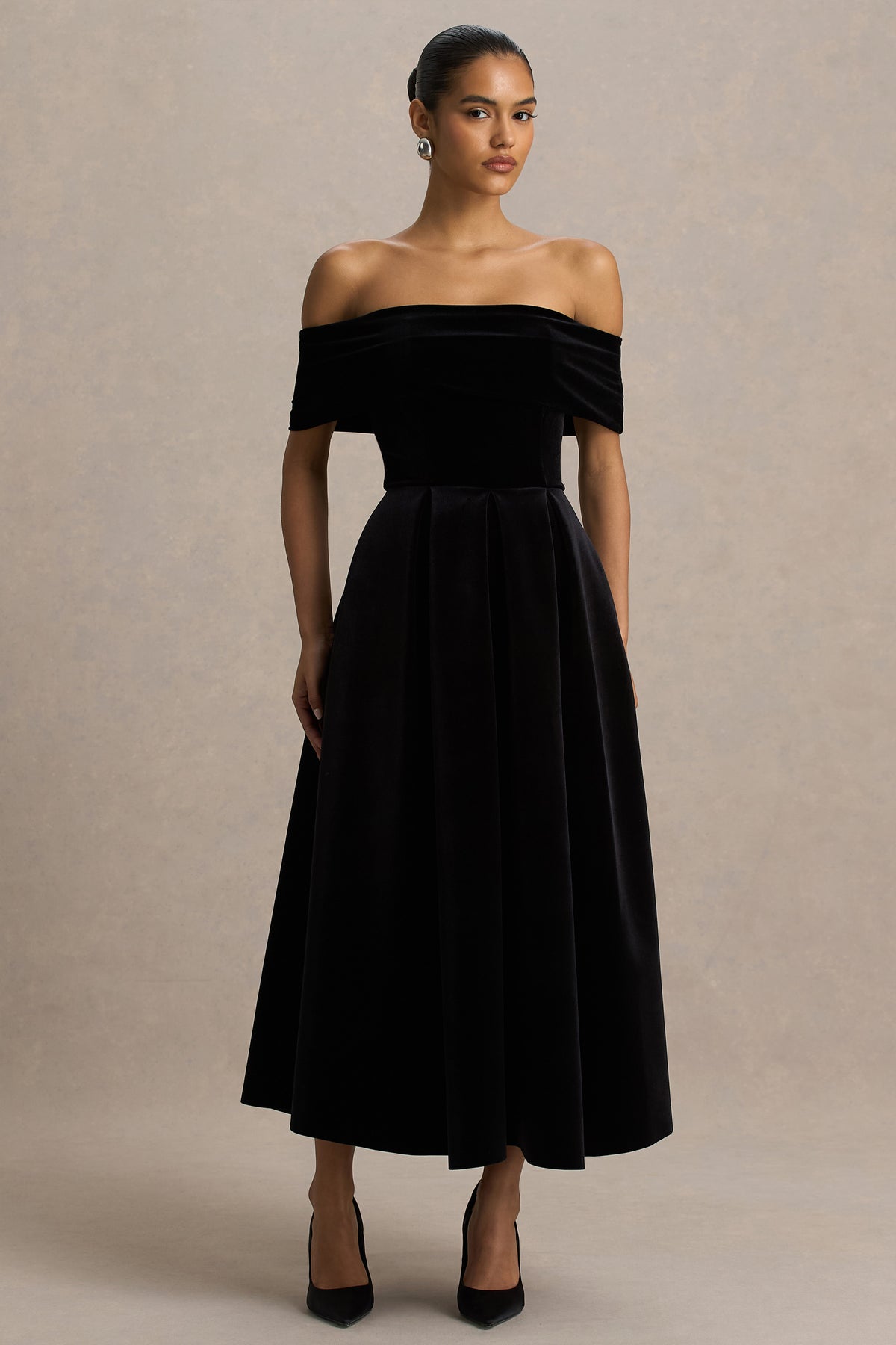 club l london black bardot dress Annie | Black Satin Bardot Maxi Dress With Split Wrap Skirt