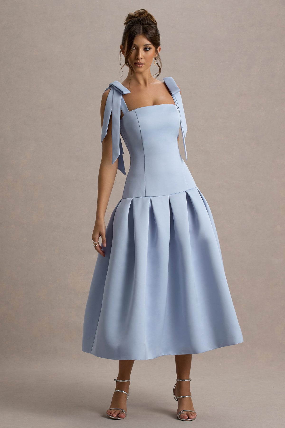 Alberta Powder Blue Satin Midi Dress With Bow Straps Club L London - SA Alberta Powder Blue Satin Midi Dress With Bow Straps Club L London - SA