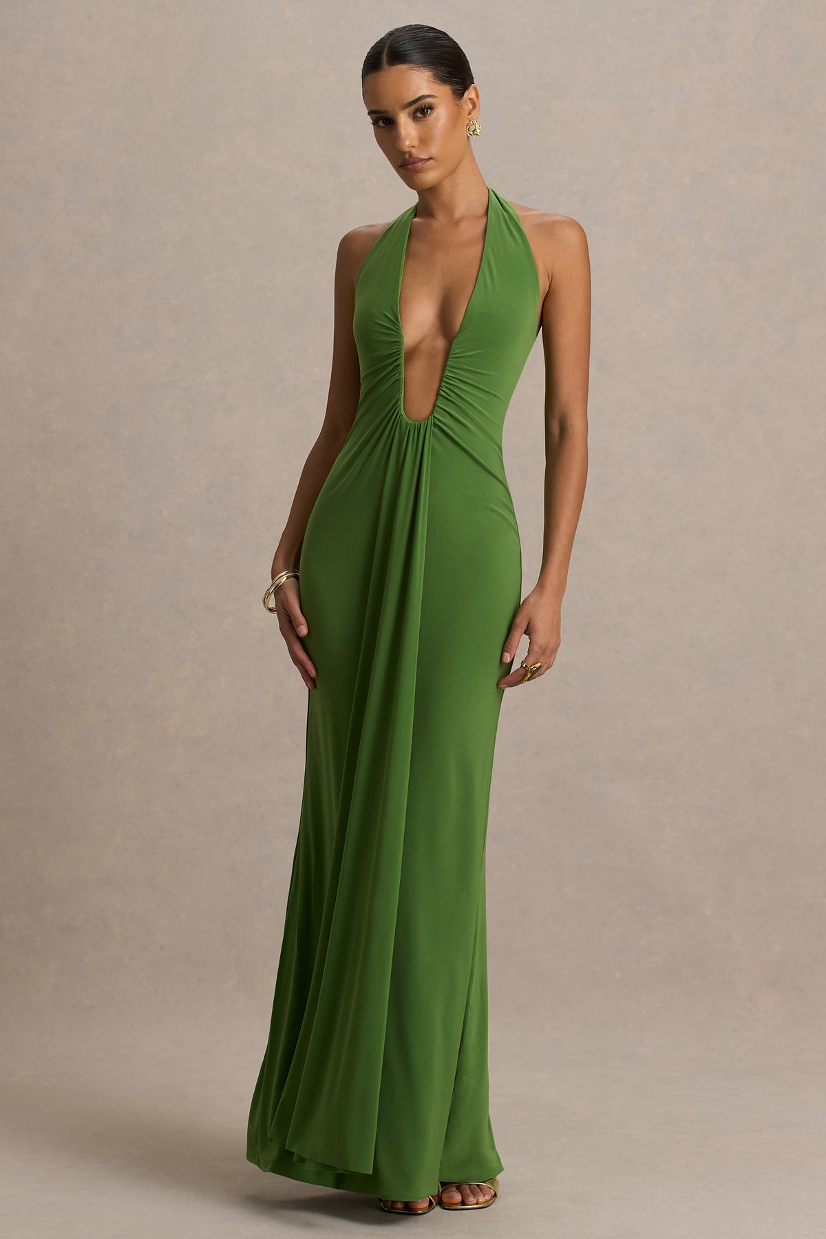 Hera Green Extreme Plunge Maxi Dress With Ruched Detail Club L London - SA Hera Green Extreme Plunge Maxi Dress With Ruched Detail Club L London - SA