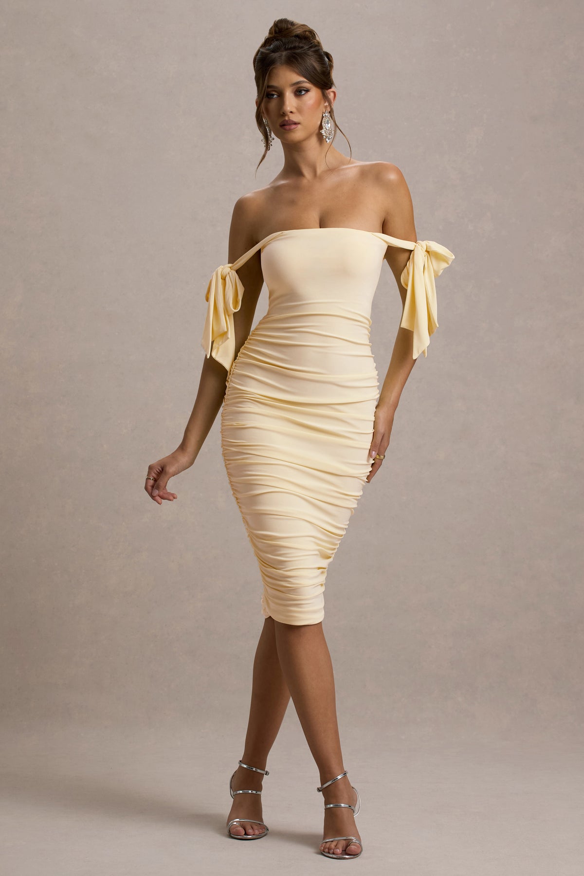Citrus Pale Lemon Bardot Bodycon Midi Dress With Bow Sleeves Club L London - SA Citrus Pale Lemon Bardot Bodycon Midi Dress With Bow Sleeves Club L London - SA