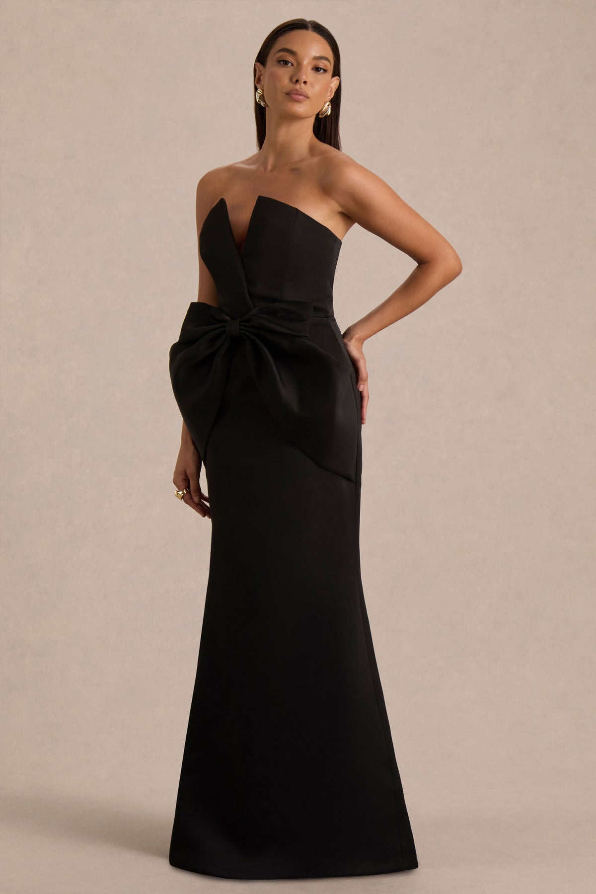 black satin bandeau dress Nalira Black Satin Bandeau Maxi Dress With Draped Skirt Club L London