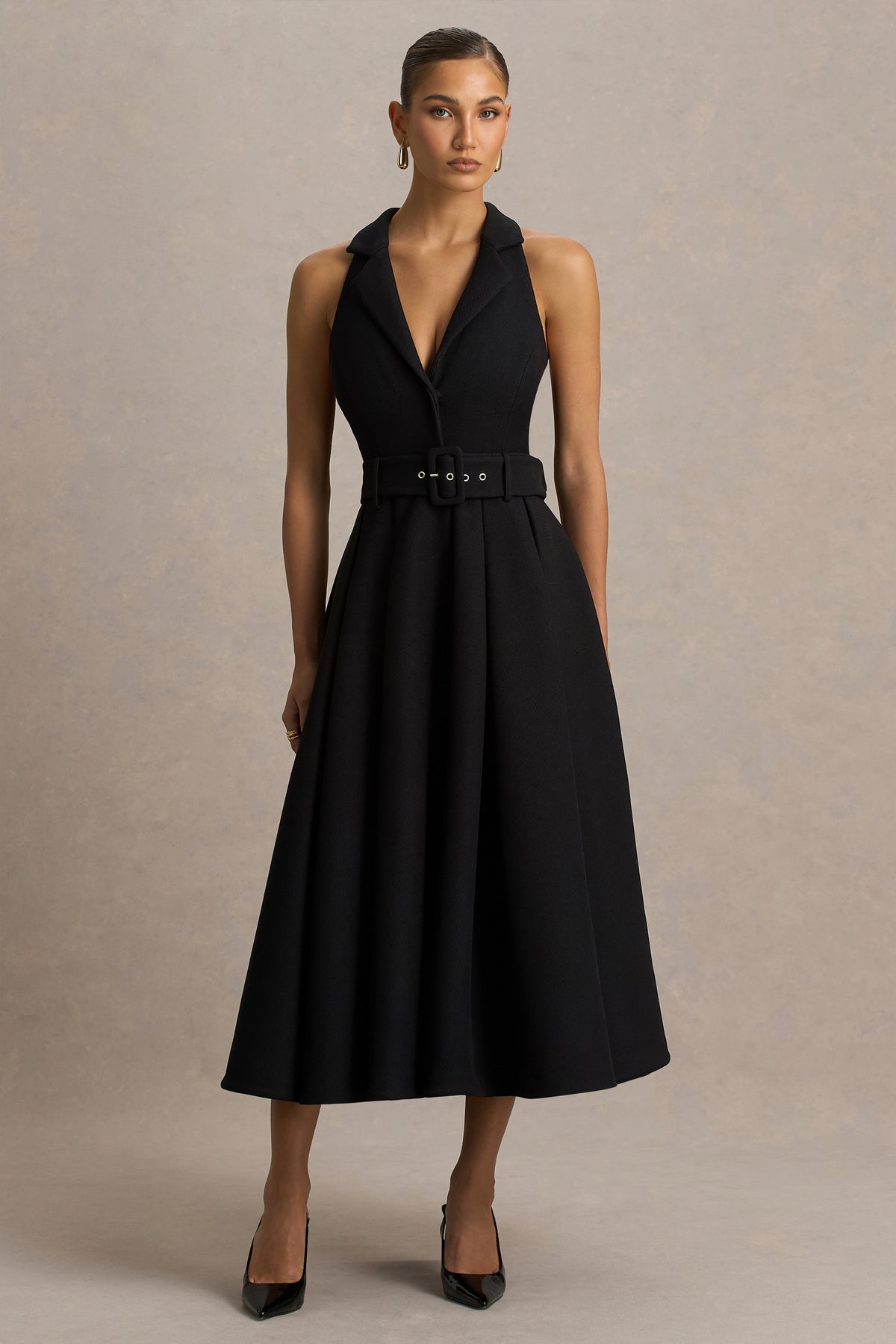 Alessa Black Plunge-Neck Tailored Midi Dress Club L London - SA Alessa Black Plunge-Neck Tailored Midi Dress Club L London - SA