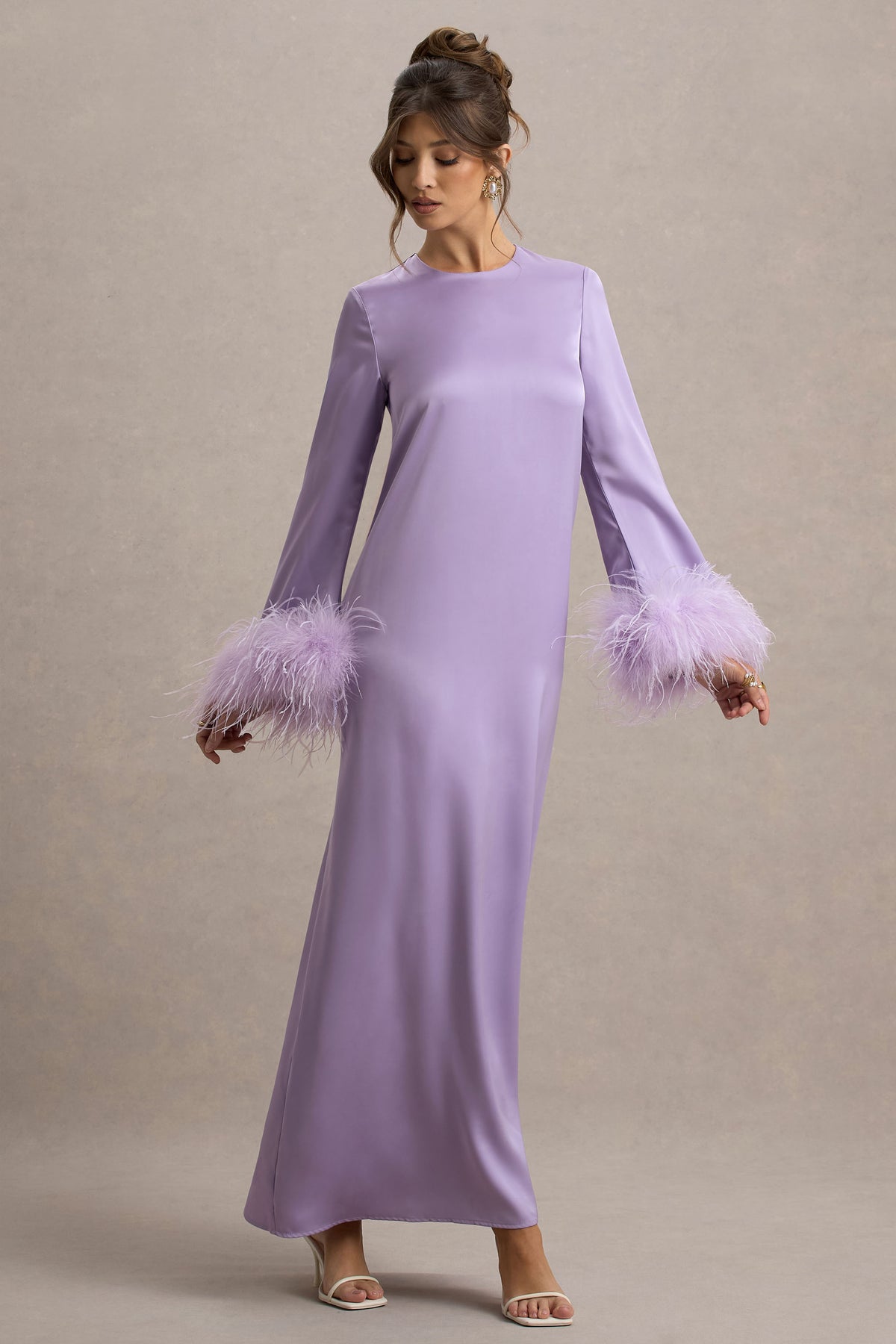 Adella Lilac Satin Feather-Trim Maxi Dress Club L London - SA Adella Lilac Satin Feather-Trim Maxi Dress Club L London - SA