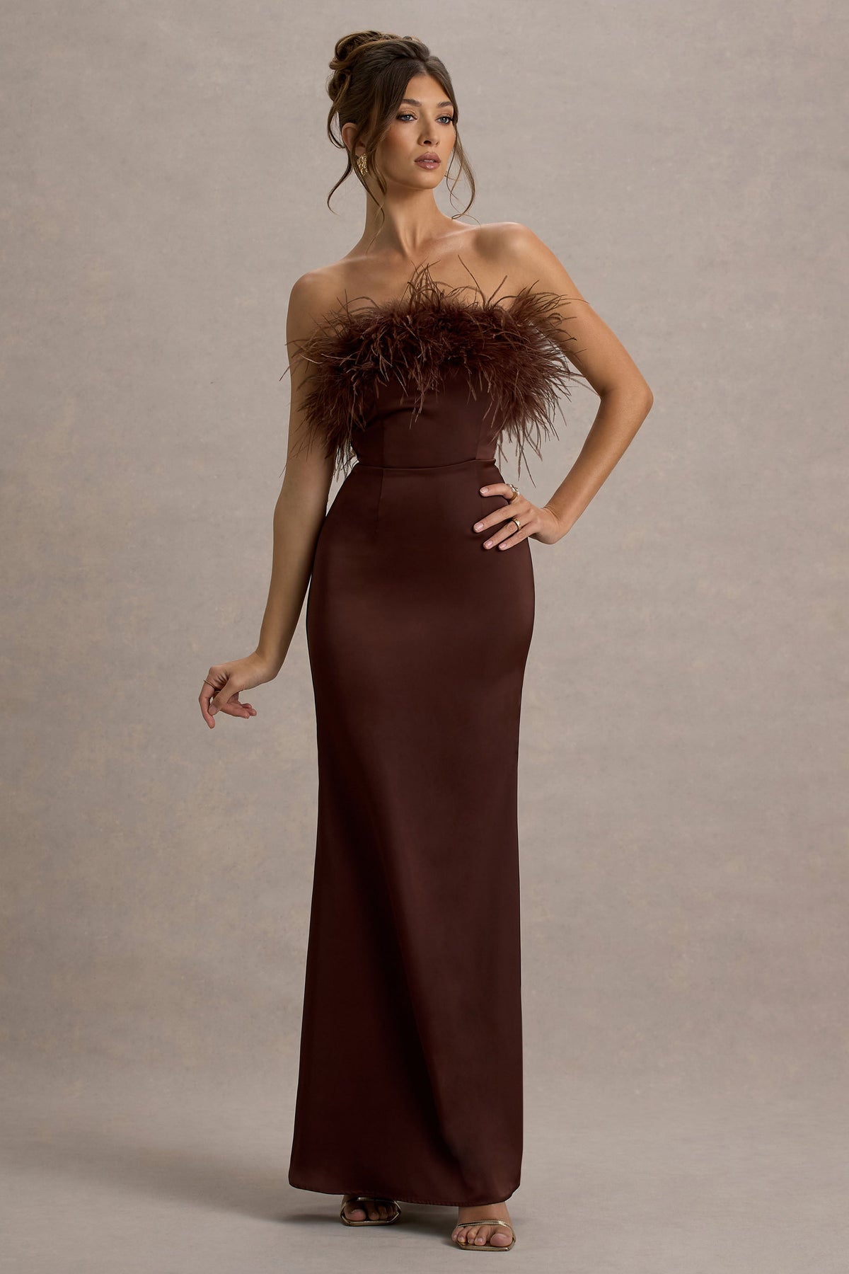 Dress For It Brown Satin Feather Trim Bandeau Maxi Dress Club L London - SA Dress For It Brown Satin Feather Trim Bandeau Maxi Dress Club L London - SA