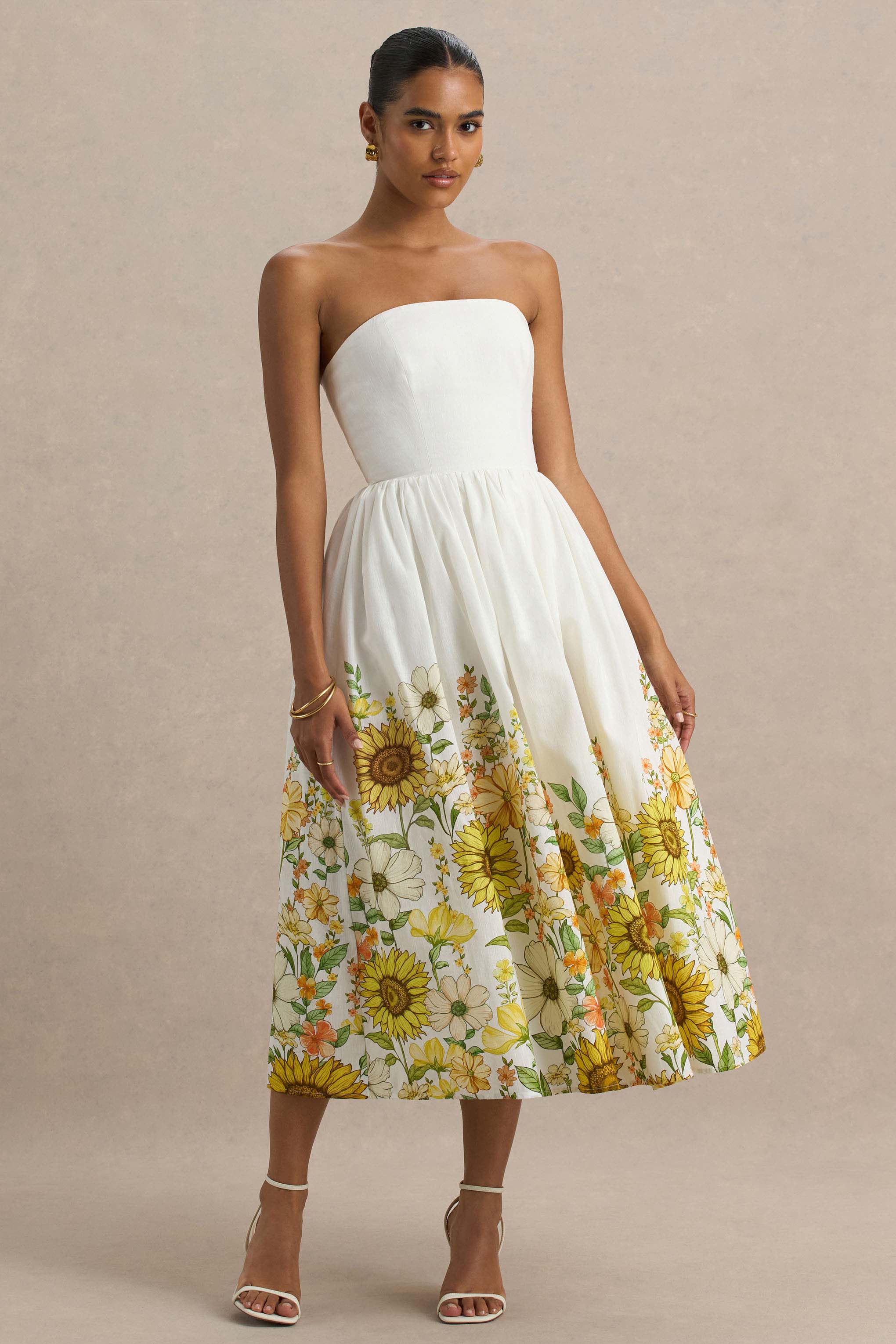 Ivory | Sunflower Print Bandeau High-Low Midi Dress – Club L