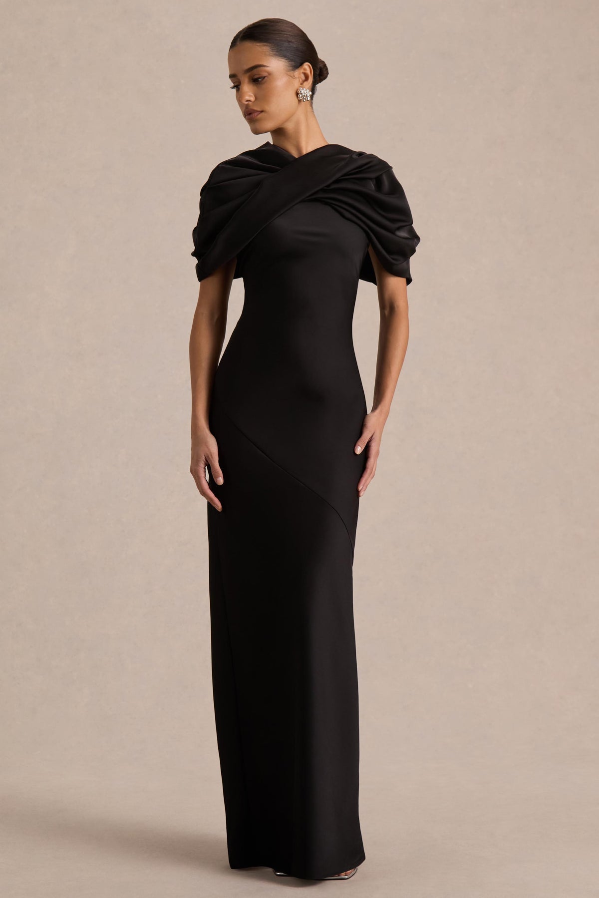 club l satin dress Here For Love Khaki Satin Asymmetric Maxi Dress With Bow Club L London