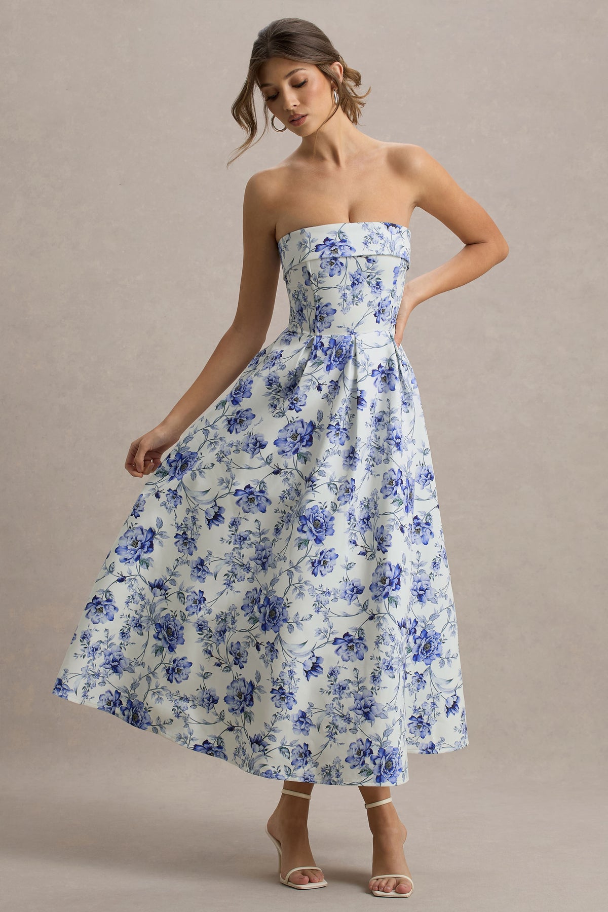 annalise light pink floral print bandeau skater midi dress Annalise | Light Pink Floral Print Bandeau Skater Midi Dress Club L London