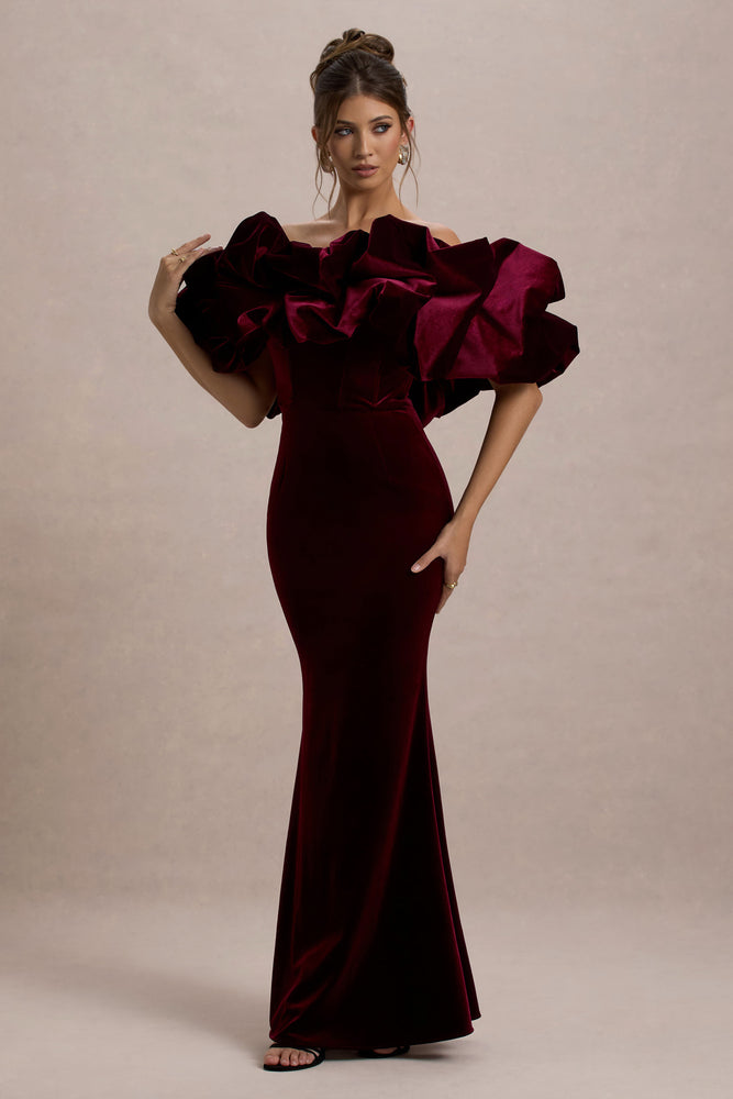 Cecily Red Velvet Bardot Maxi Dress With Satin Ruffle Trim – Club L London 