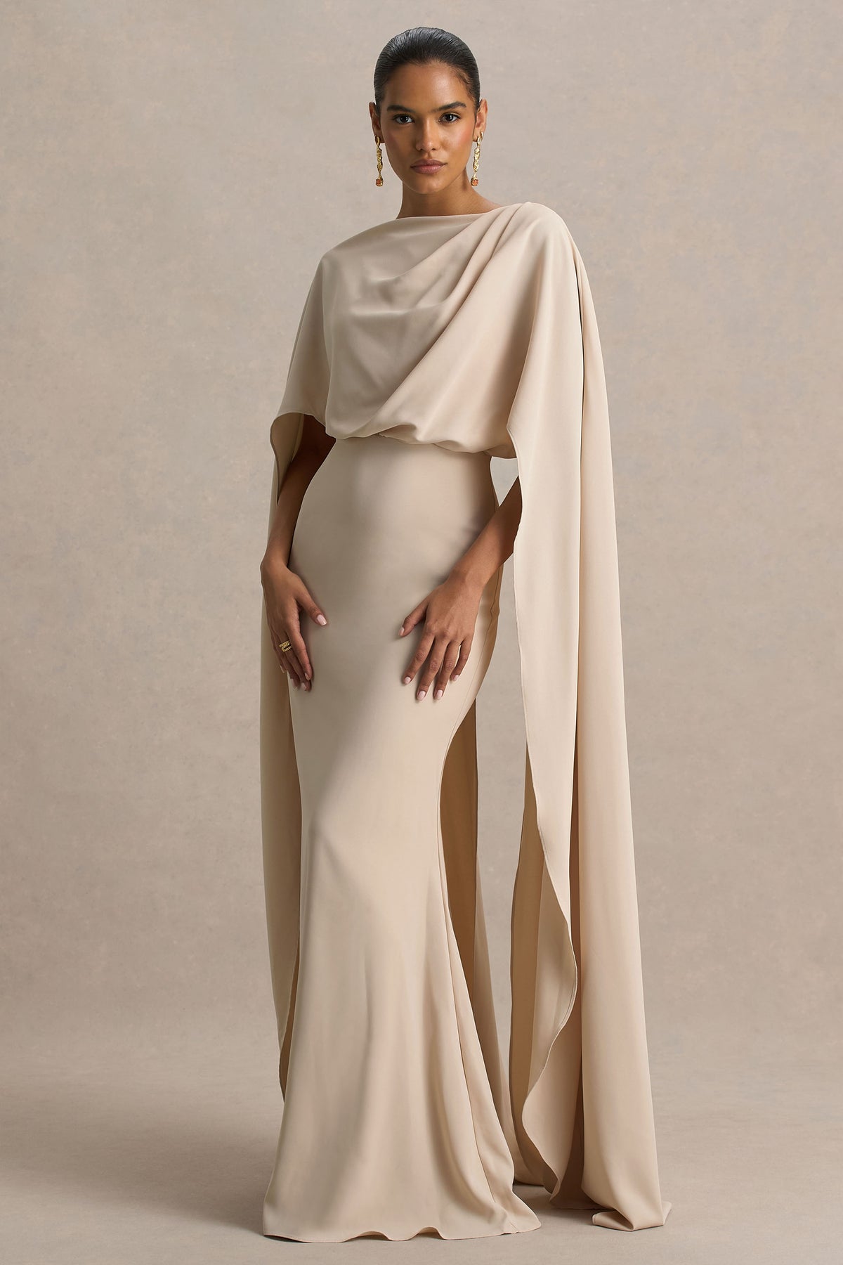 Pristina Sand Boat-Neck Woven Maxi Dress With Cape Detail Club L London - SA Pristina Sand Boat-Neck Woven Maxi Dress With Cape Detail Club L London - SA
