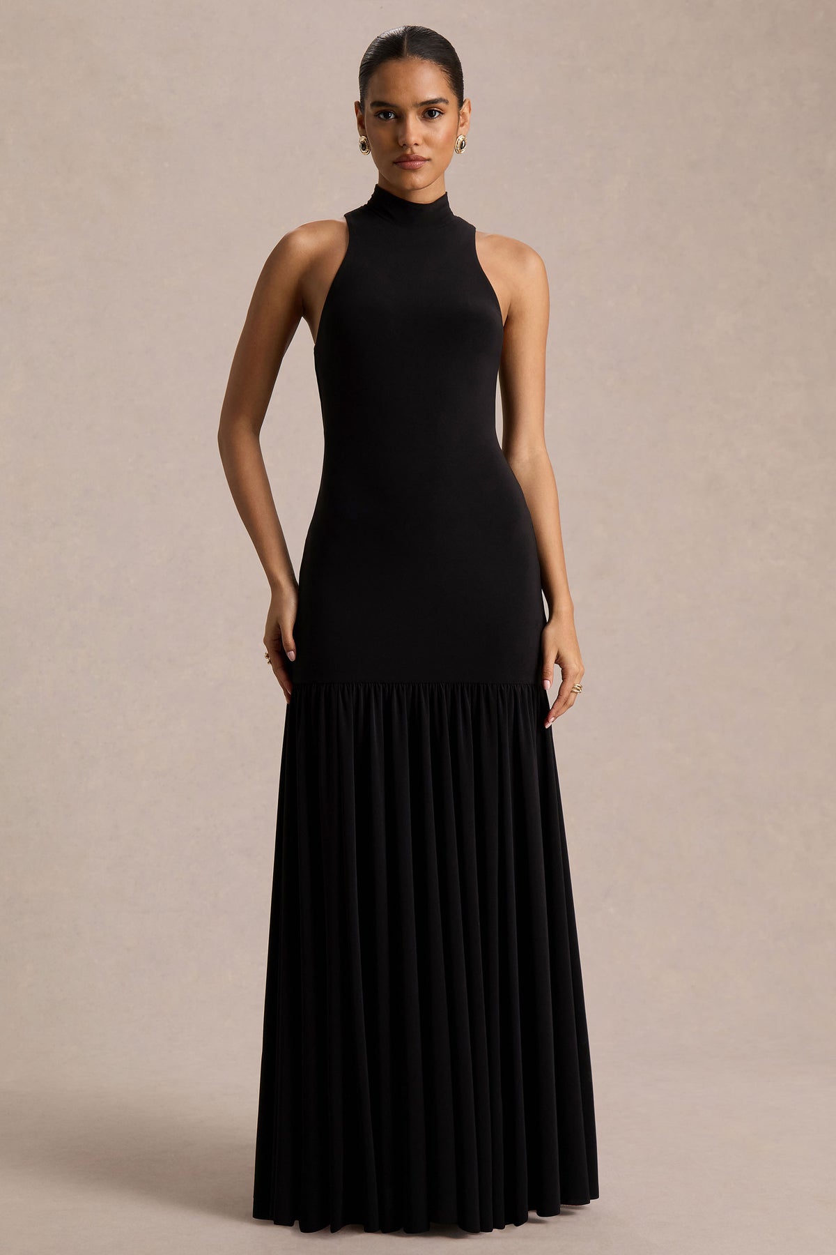 Tasmin Black High-Neck Maxi Dress With Drop-Waist – Club L London
