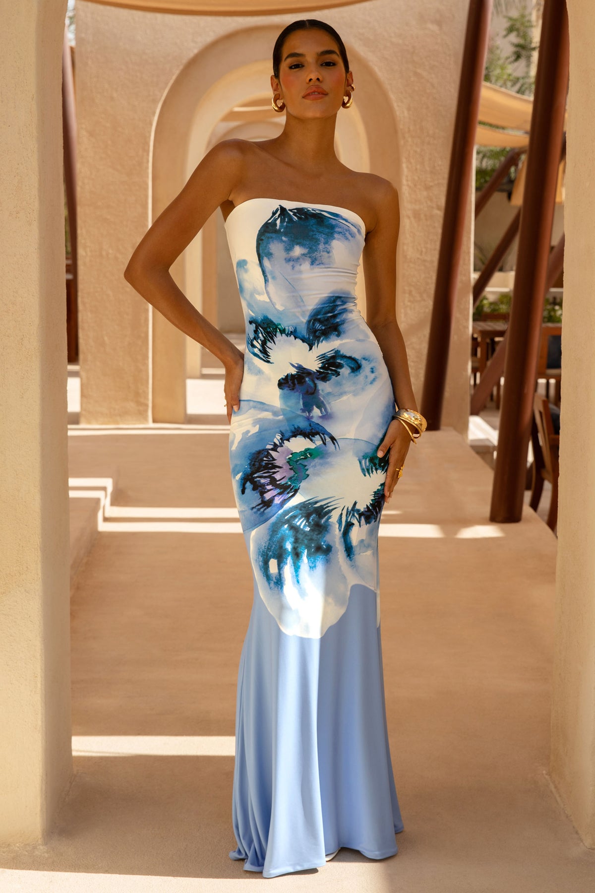 Ceremony Large Blue Floral Print Bandeau Fishtail Maxi Dress Club L London - SA Ceremony Large Blue Floral Print Bandeau Fishtail Maxi Dress Club L London - SA