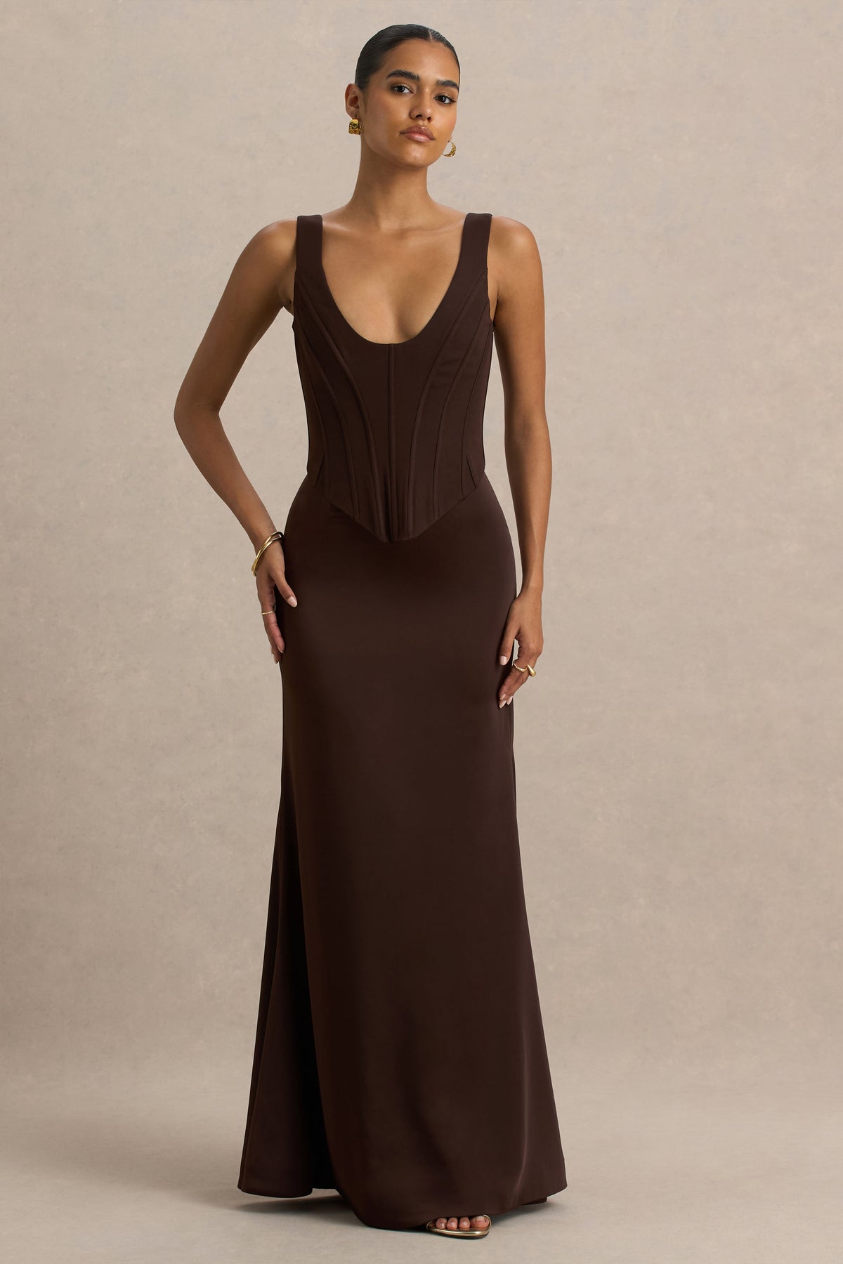 Morgan Brown Satin Corset Maxi Dress – Club L London