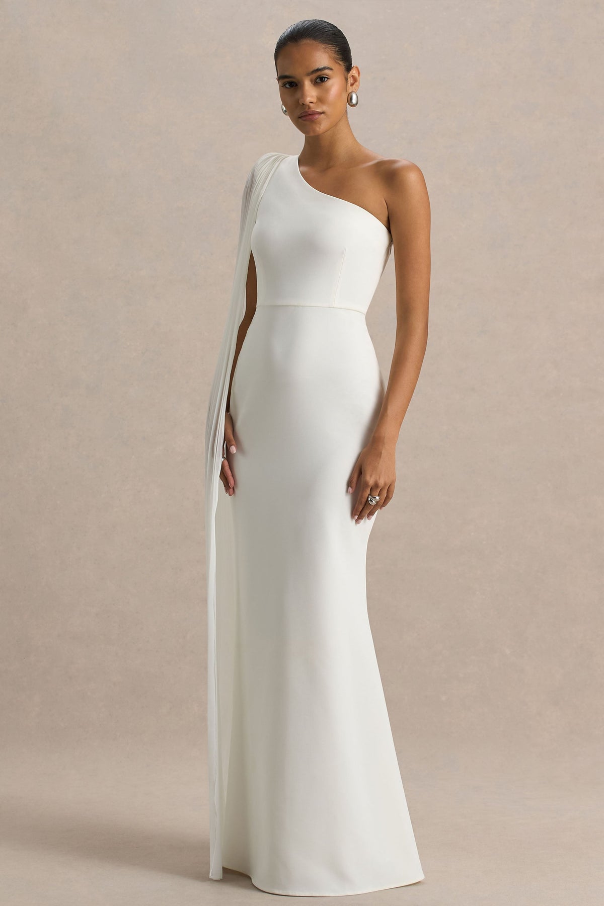 white cape maxi dress White Gown with Beaded Cape and Plunging Neckline
