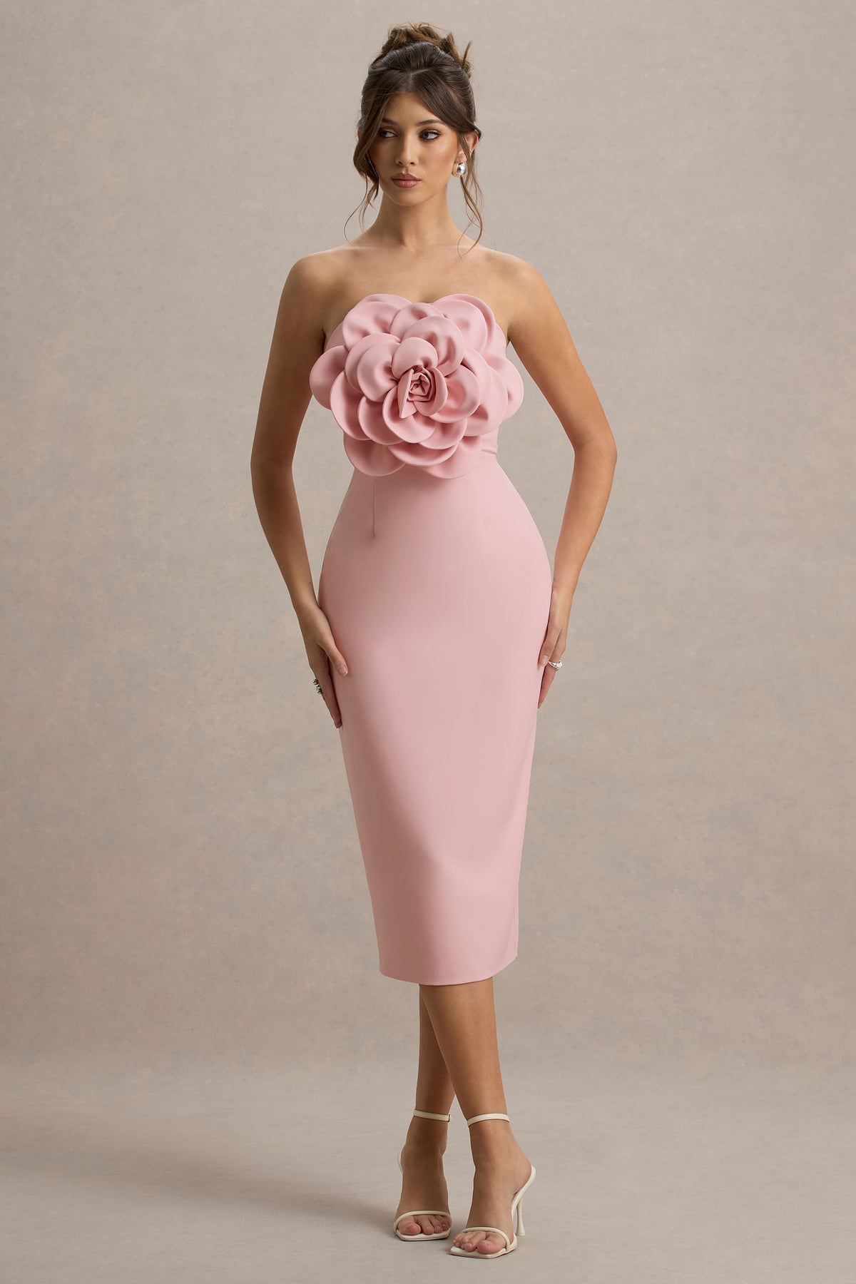 Phina Pale Pink Bodycon Midi Dress With Large Floral Corsages Club L London - SA Phina Pale Pink Bodycon Midi Dress With Large Floral Corsages Club L London - SA