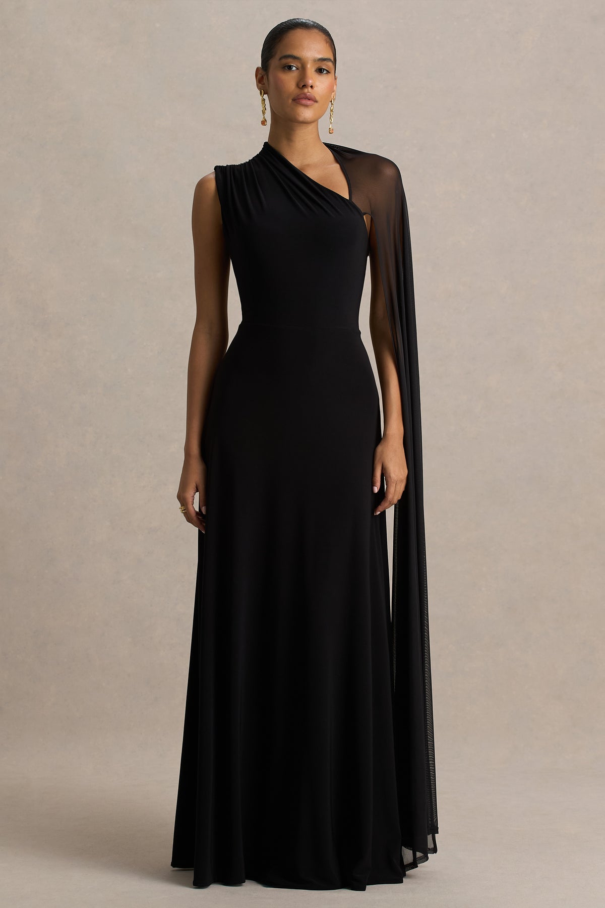 Selena Black High-Neck Maxi Dress With Cut-Out And Cape Sleeve Detai Club L London - SA Selena Black High-Neck Maxi Dress With Cut-Out And Cape Sleeve Detai Club L London - SA
