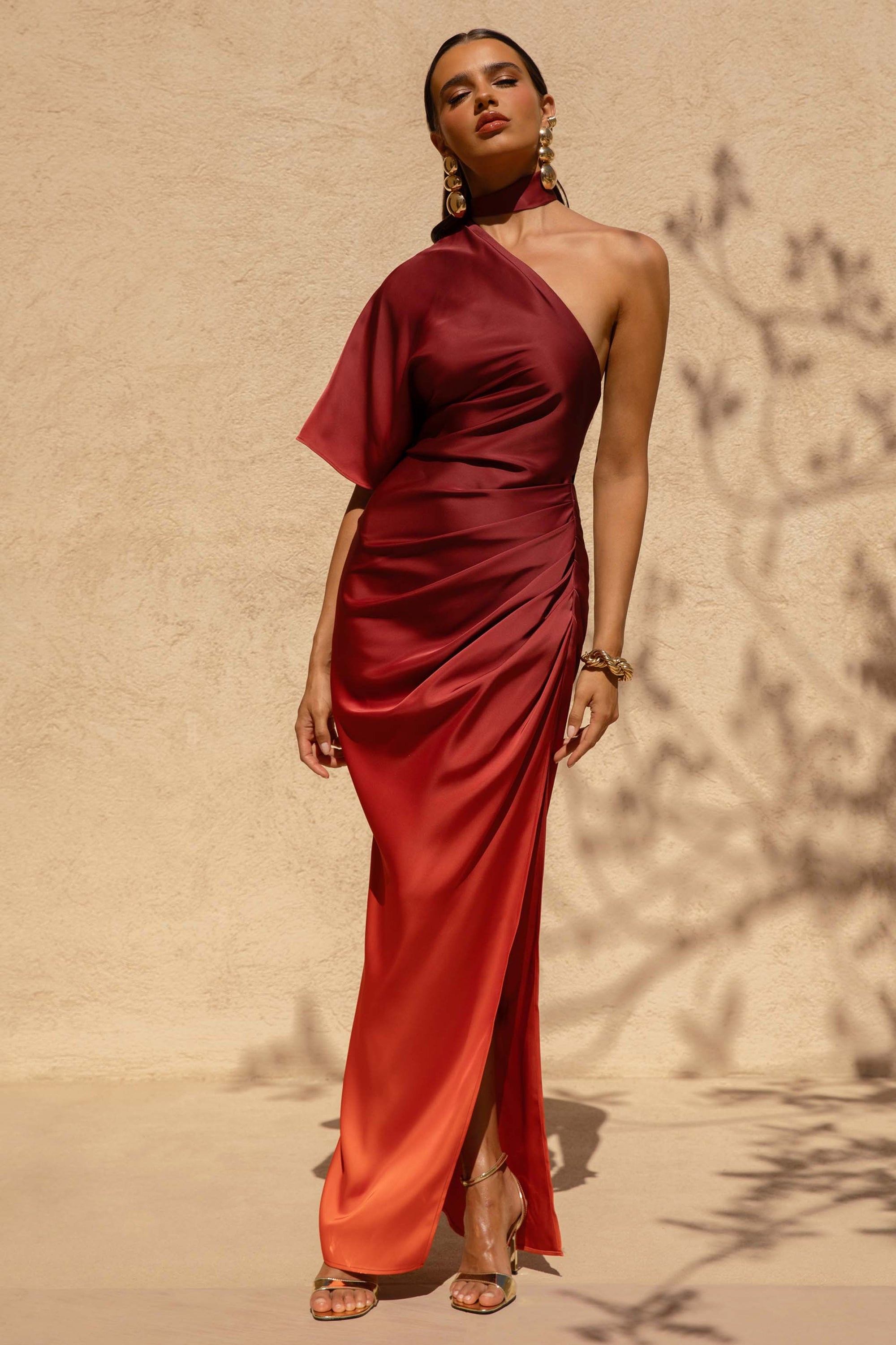 Coralie | Red and Orange Ombre Satin Asymmetric Maxi Dress – Club L London