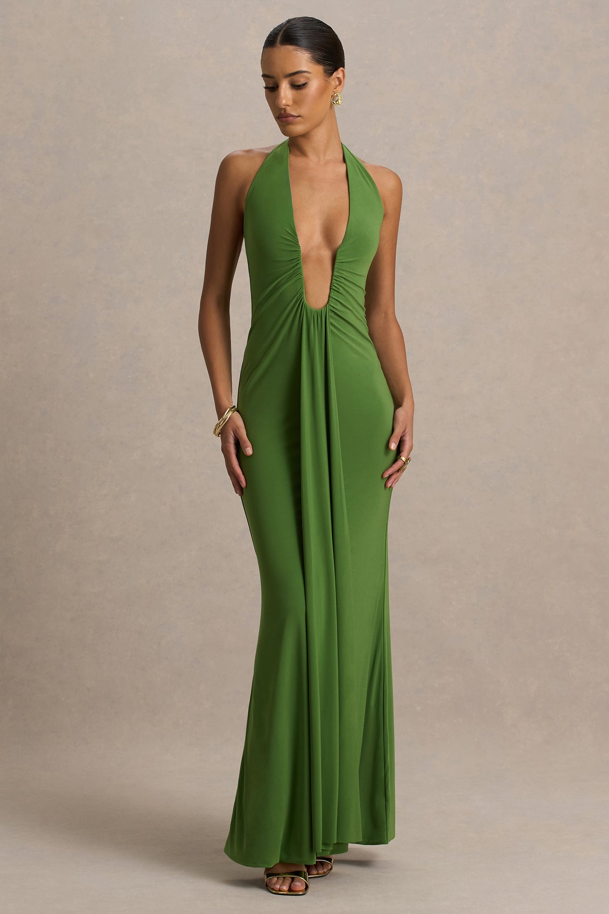 Hera Green Extreme Plunge Maxi Dress With Ruched Detail Club L London - SA Hera Green Extreme Plunge Maxi Dress With Ruched Detail Club L London - SA