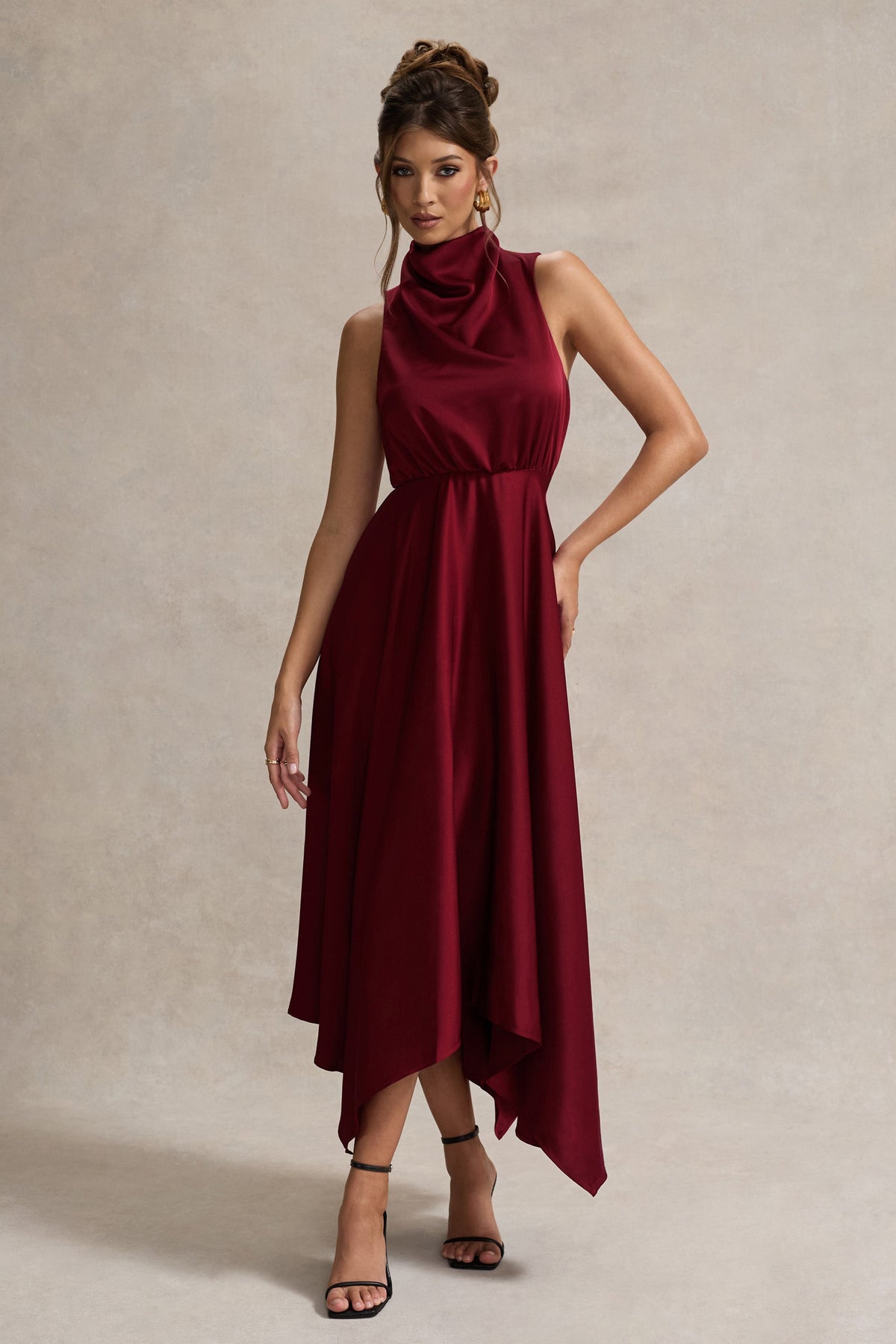 Kerri Berry Satin Cowl-Neck Maxi Dress Club L London - SA Kerri Berry Satin Cowl-Neck Maxi Dress Club L London - SA