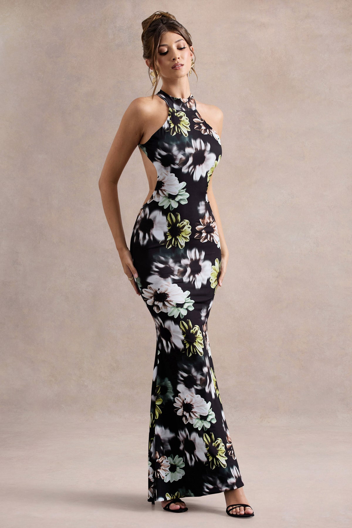 Tuscany Black Floral Print Halter-Neck Split Maxi Dress Club L London - SA Tuscany Black Floral Print Halter-Neck Split Maxi Dress Club L London - SA