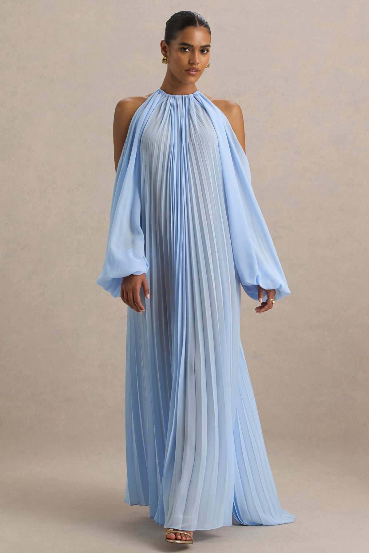 cold shoulder chiffon maxi dress The Riviera | Light Blue Formal Dress Off the Shoulder Chiffon Maxi Dress with Ruffle