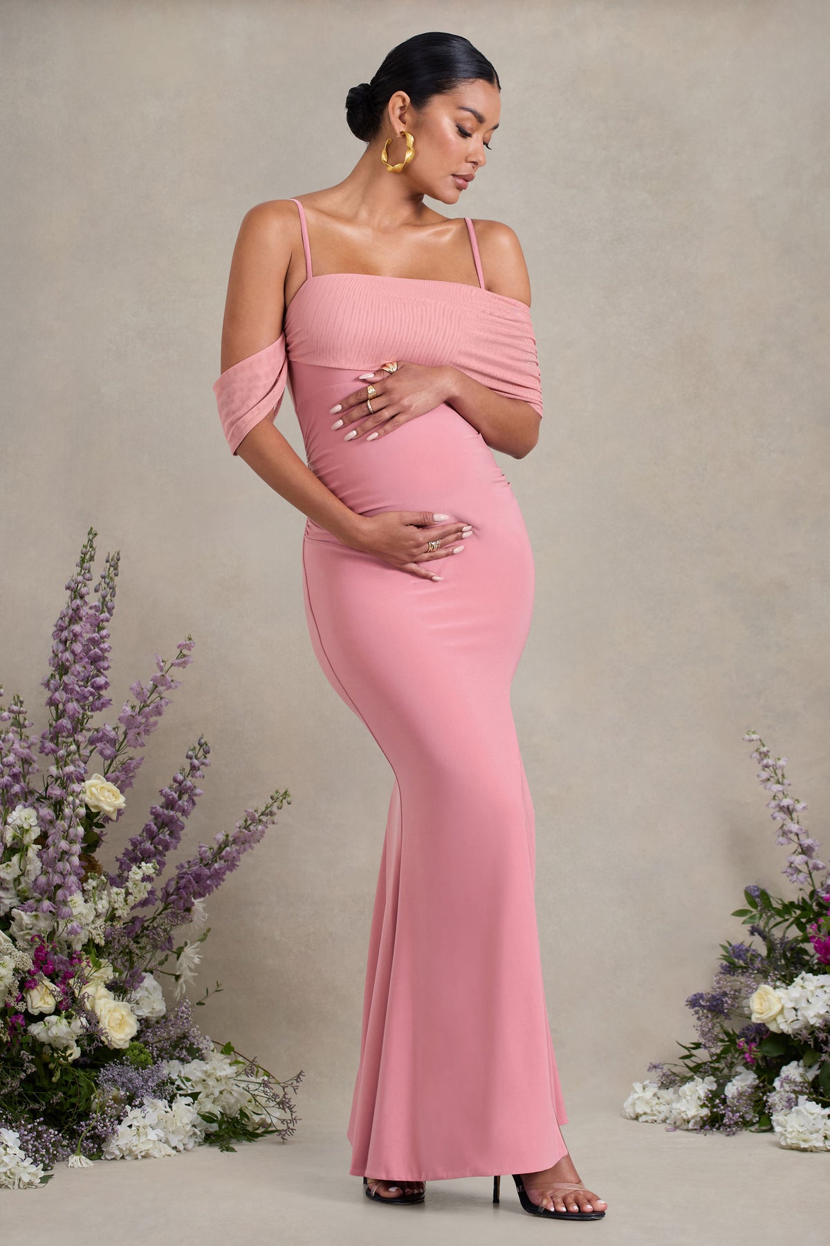 pink maternity dress Augusta Blush Pink Mesh Bardot Strappy Split Maternity Maxi Dress – Club L London