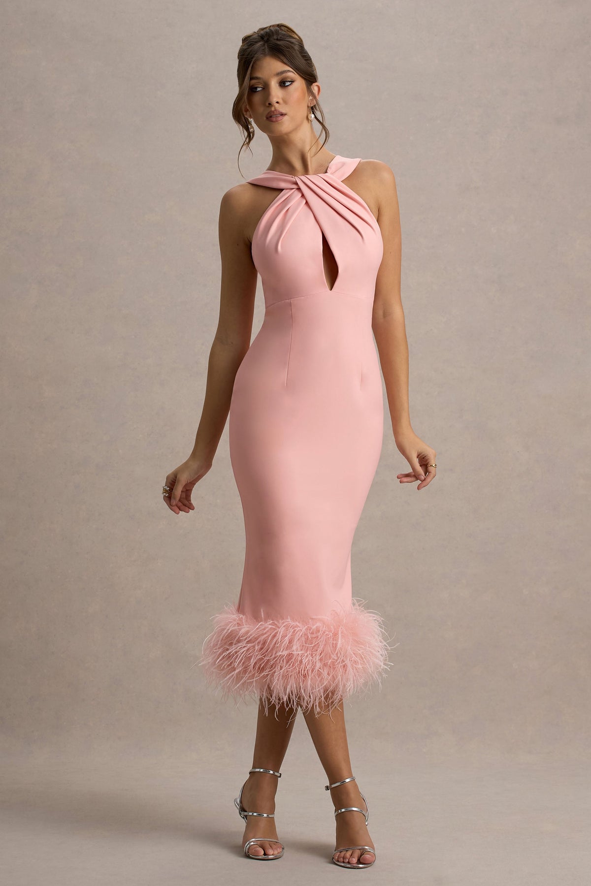 Titania Pink Twist-Neck Feather Hem Midi Dress Club L London - SA Titania Pink Twist-Neck Feather Hem Midi Dress Club L London - SA