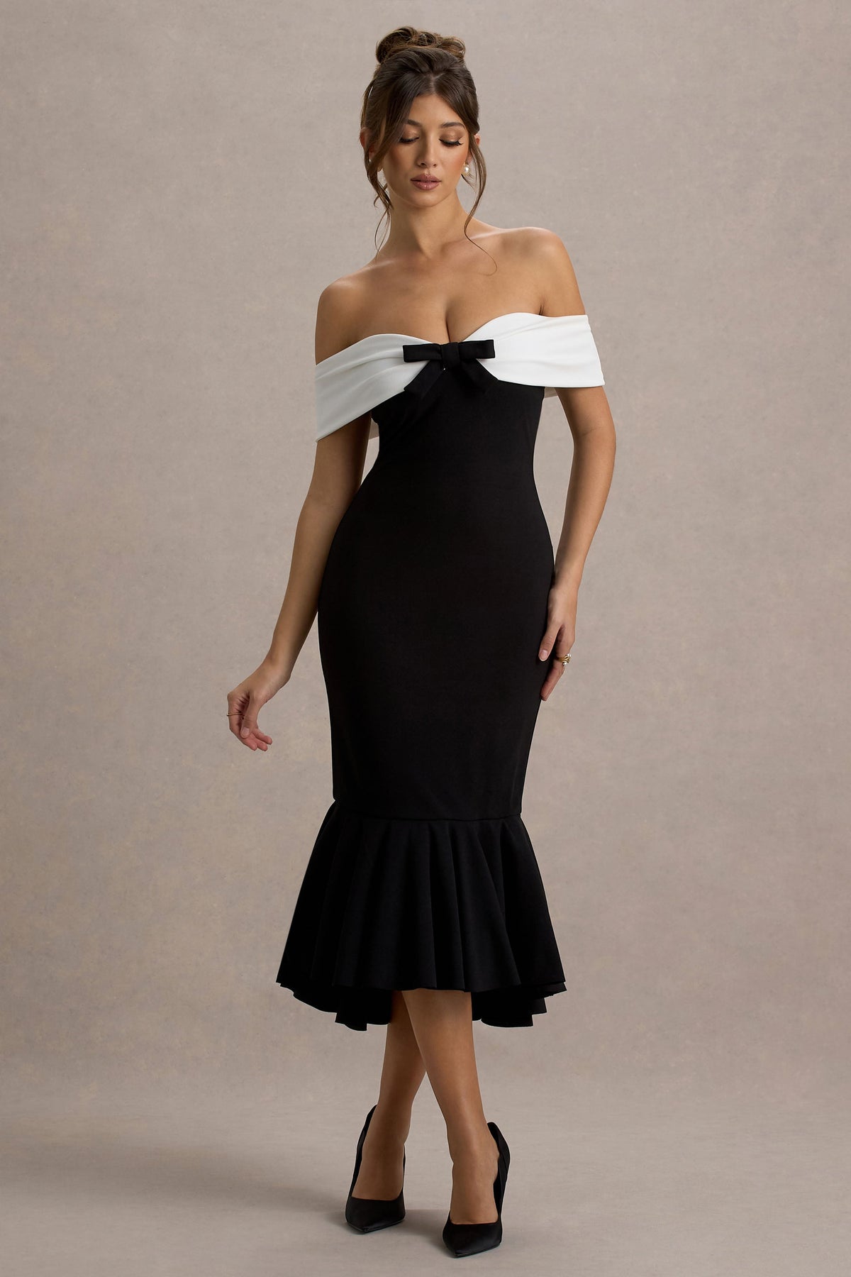 black bardot frill hem midi dress Frill Hem Midi Dress Black Bardot Ruffle Dress Bodycon Dress Black Bardot Frill Hem Midi Dress
