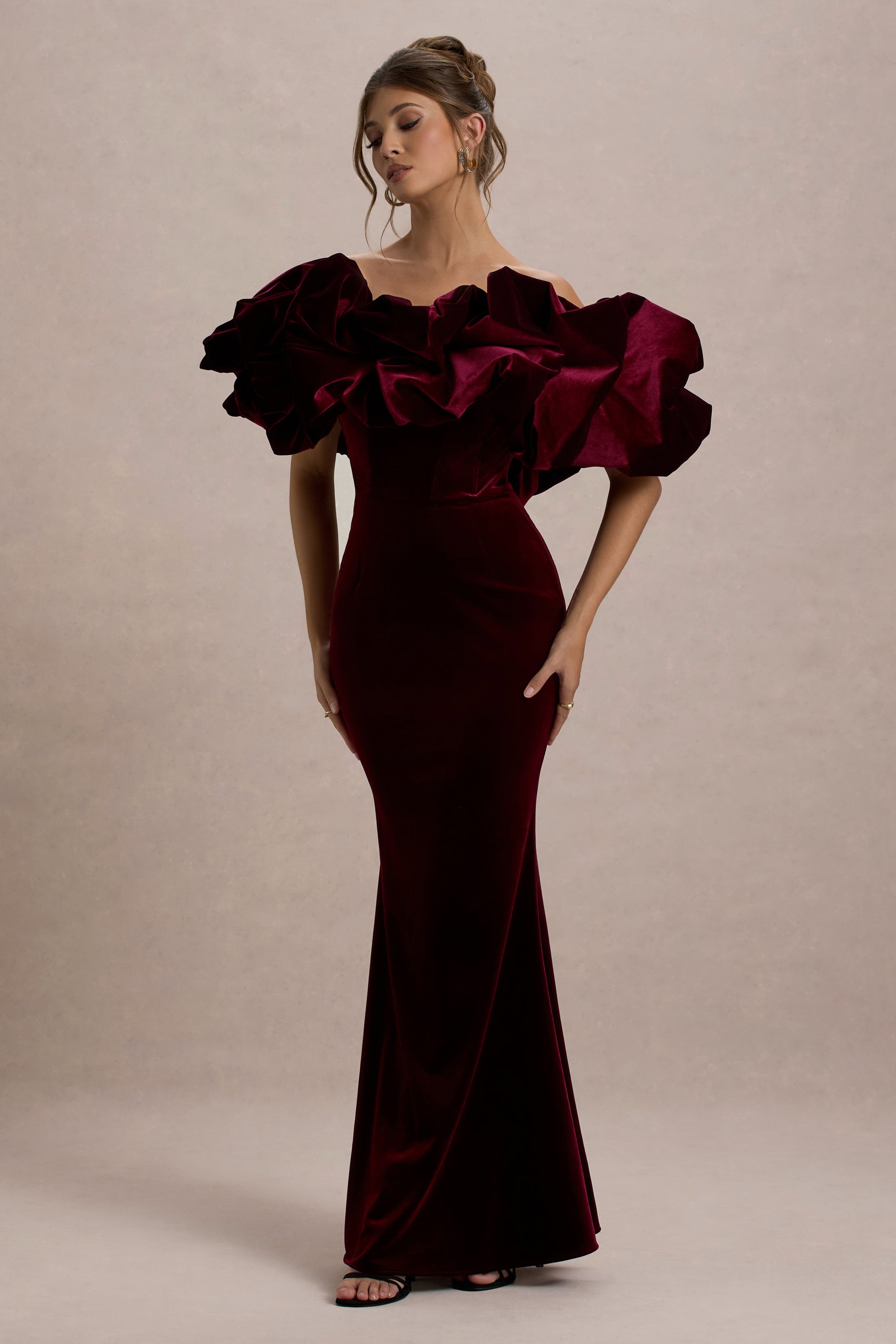 Cecily | Red Velvet Bardot Maxi Dress With Satin Ruffle Trim – Club L London
