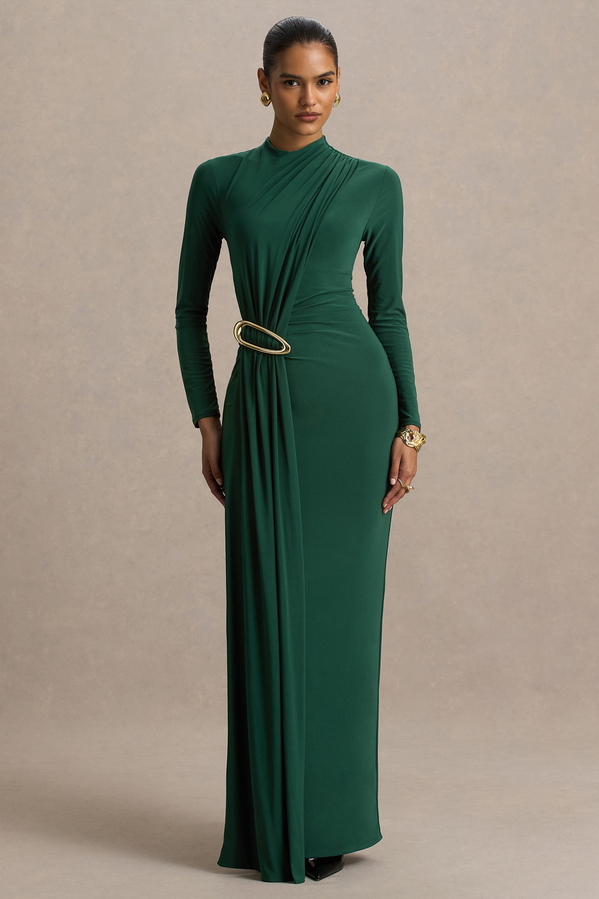 Zadie | Teal High-Neck Midi Dress With Gathered-Detail – Club L London