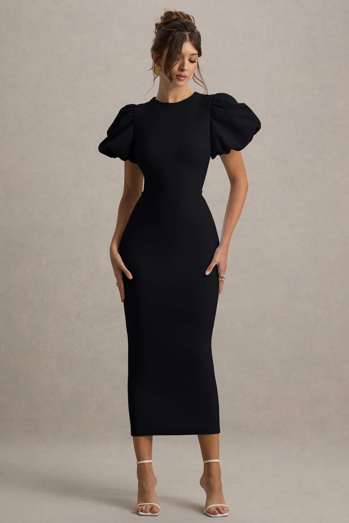 Dakota Black Puff-Sleeve Midi Dress – Club L London Dakota Black Puff-Sleeve Midi Dress – Club L London