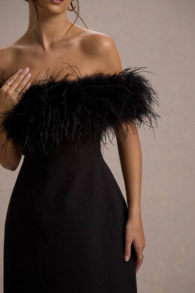 Faux Fur Fur Trim Bardot Dress Palace Black Bardot Mini Dress With Feather  Trim  Club L