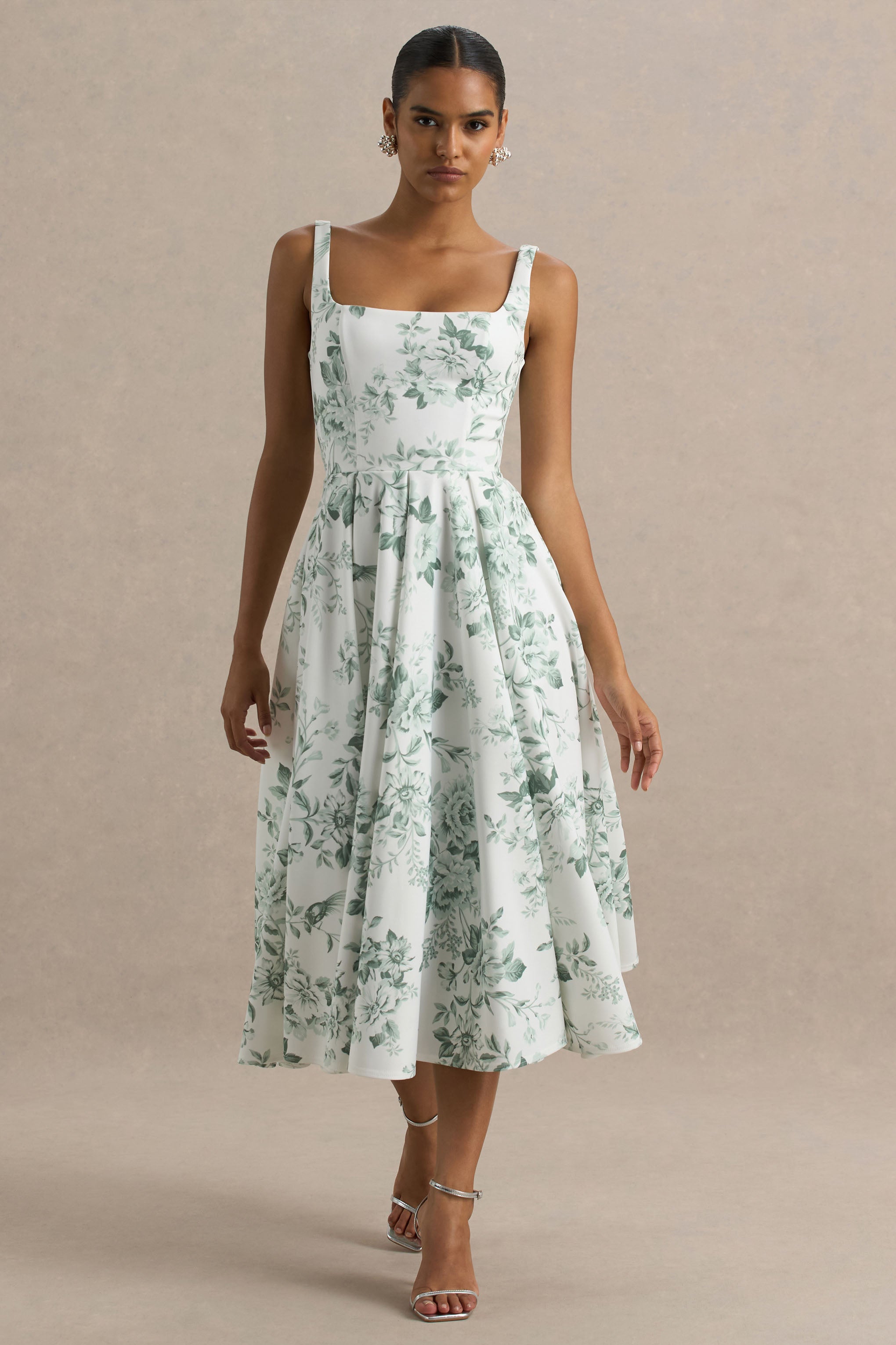 Lissa | Green Porcelain Print Square-Neck Midi Dress – Club L