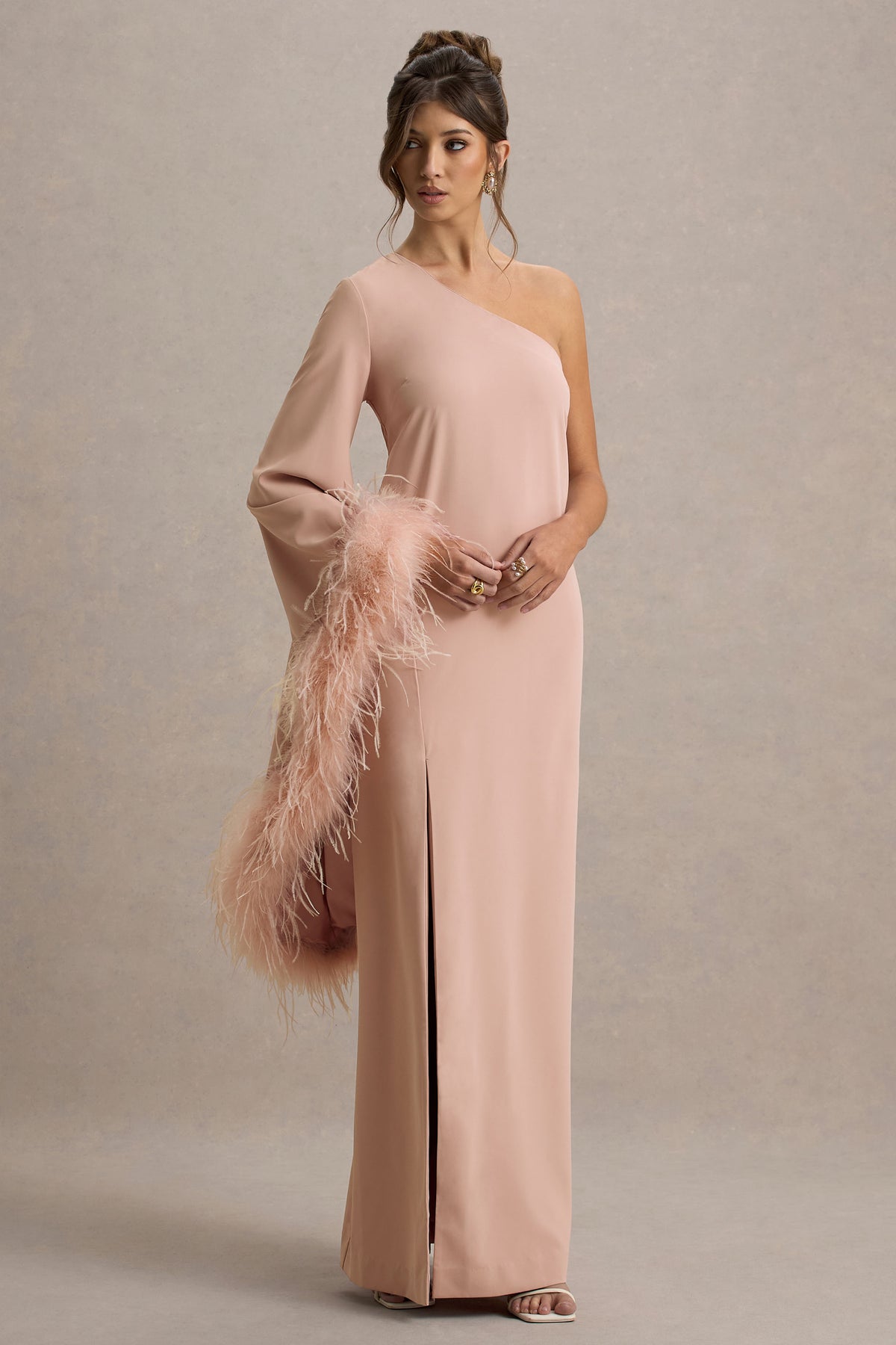 Armina Blush Pink One-Shoulder Feather-Trim Maxi Dress Club L London - SA Armina Blush Pink One-Shoulder Feather-Trim Maxi Dress Club L London - SA