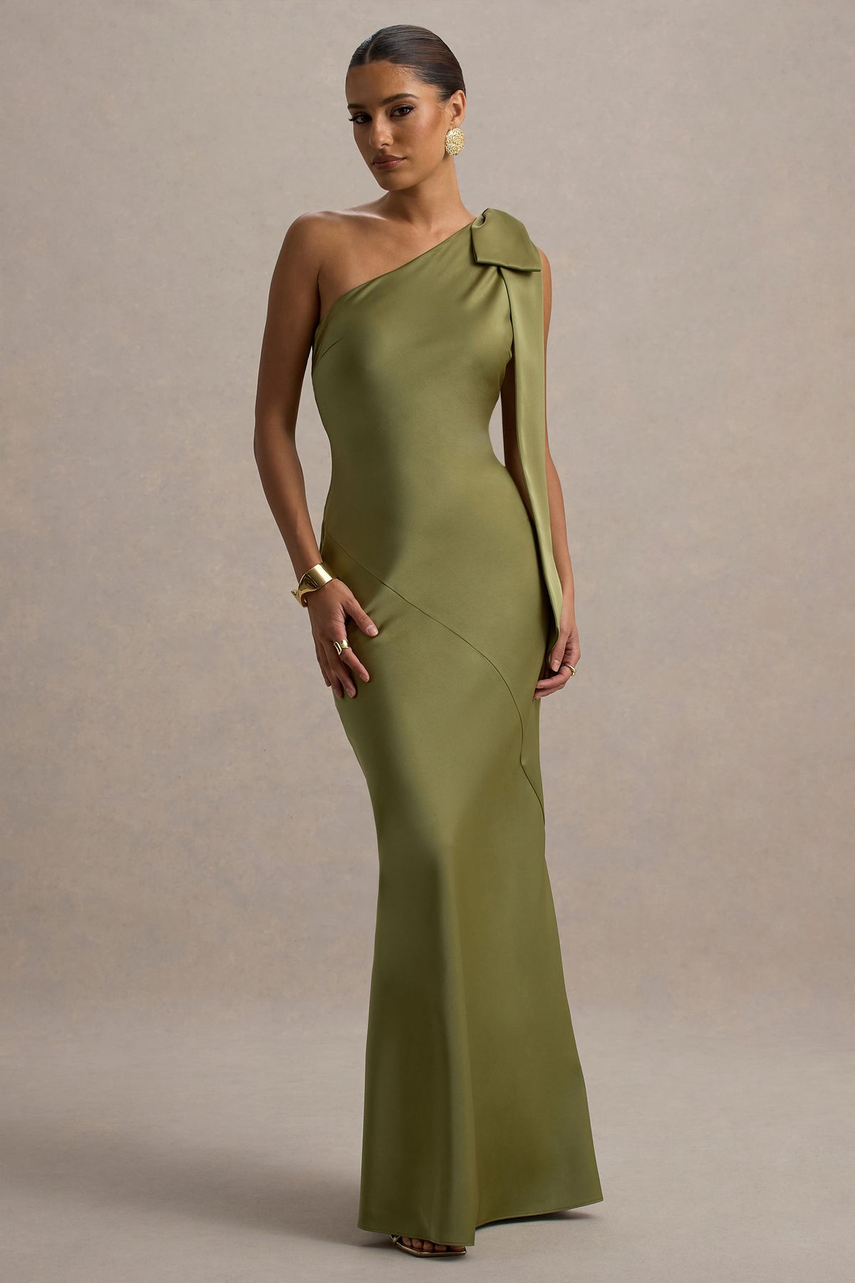 Here For Love Khaki Satin Asymmetric Maxi Dress With Bow Club L London - SA Here For Love Khaki Satin Asymmetric Maxi Dress With Bow Club L London - SA