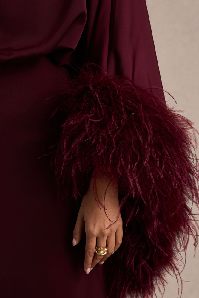 Felicity Burgundy Satin Asymmetric-Neck Maxi Dress With Feather and – Club  L London