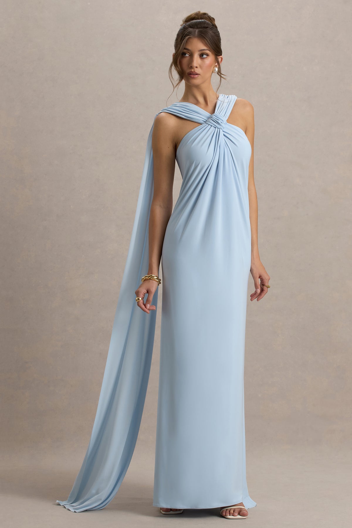 Ariana Powder Blue Cross-Neck Maxi Dress With Cape Club L London - SA Ariana Powder Blue Cross-Neck Maxi Dress With Cape Club L London - SA