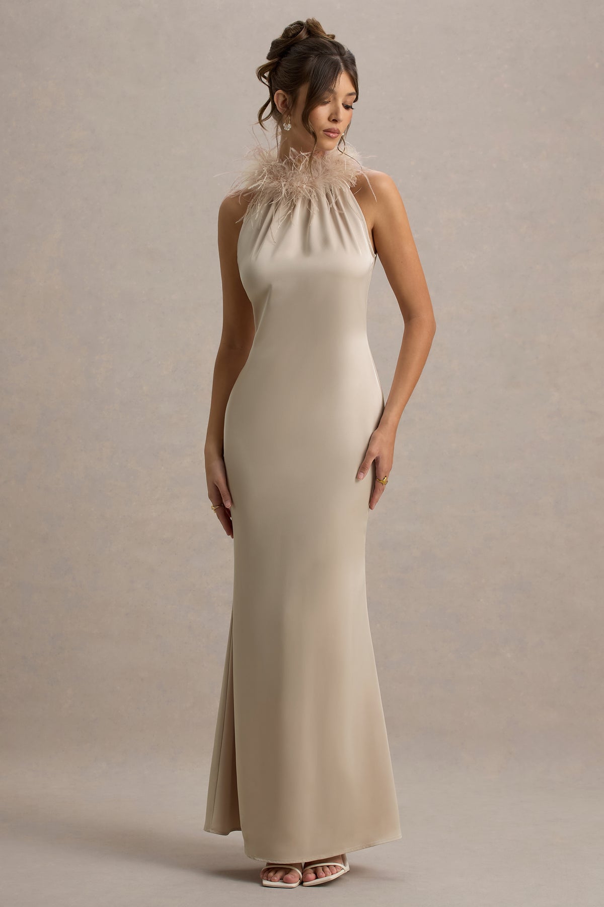Bianca Champagne Satin Feather-Trim Maxi Dress Club L London - SA Bianca Champagne Satin Feather-Trim Maxi Dress Club L London - SA