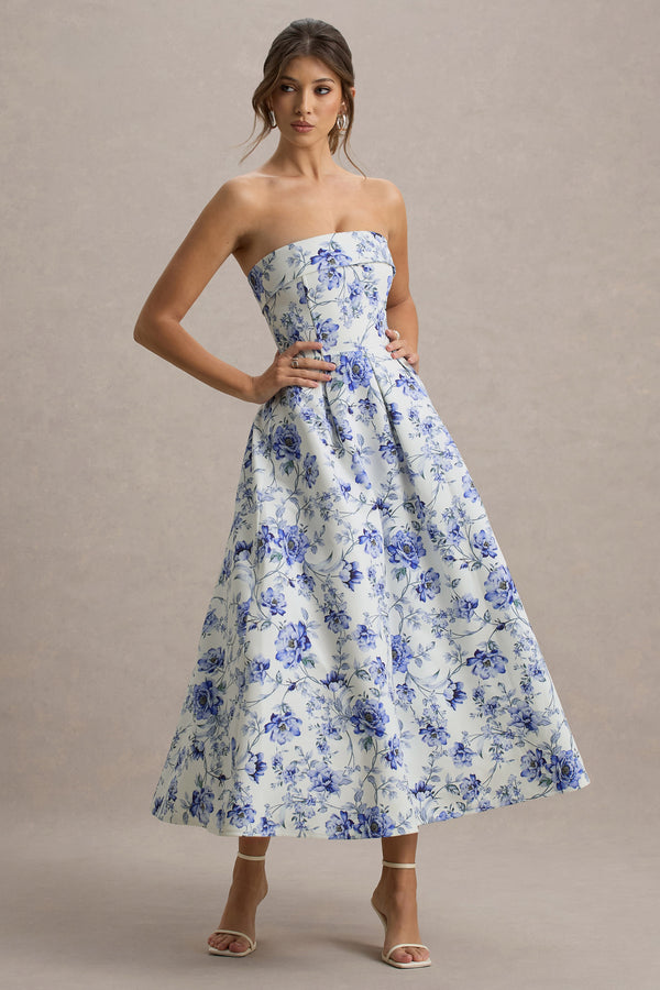 Annalise Blue Porcelain Print Bandeau Skater Midi Dress – Club L London