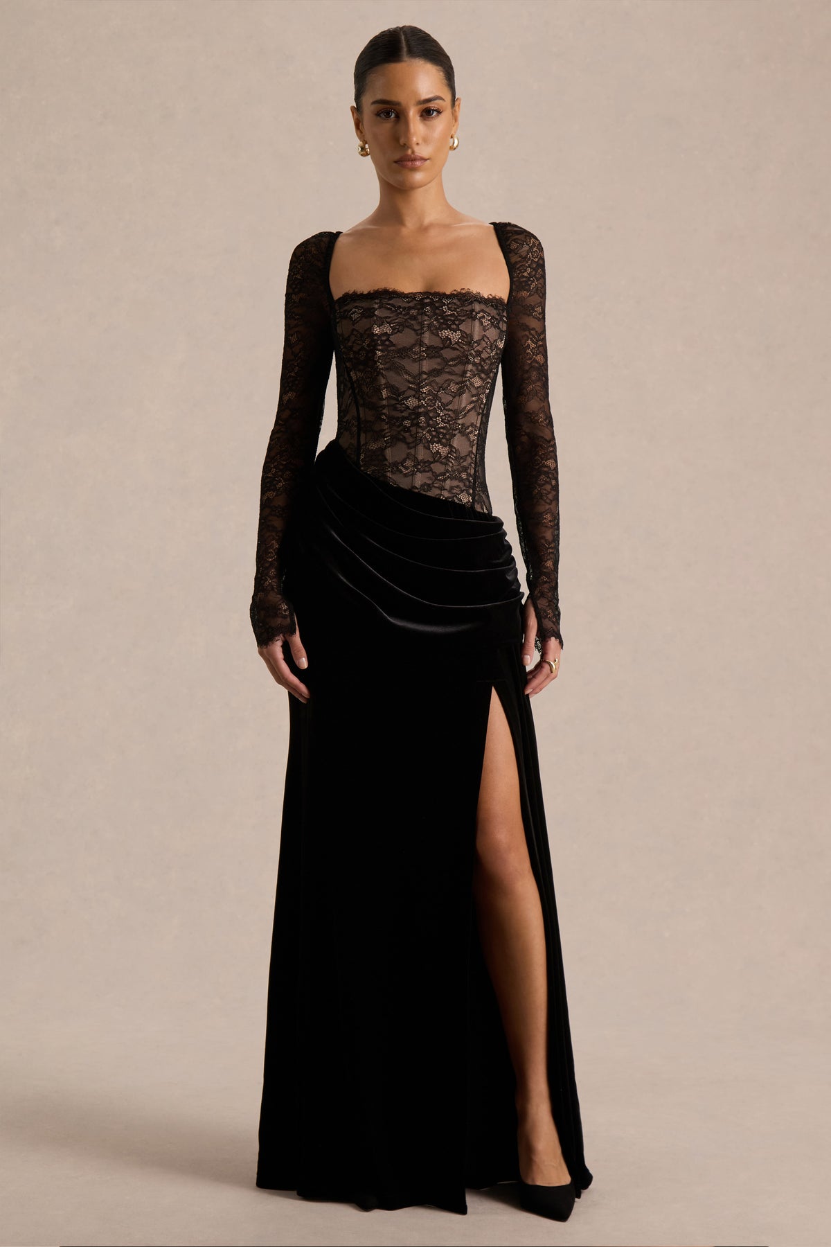 Finesse Black Lace And Velvet Square-Neck Maxi Dress With Draped Ski Club L London - SA Finesse Black Lace And Velvet Square-Neck Maxi Dress With Draped Ski Club L London - SA