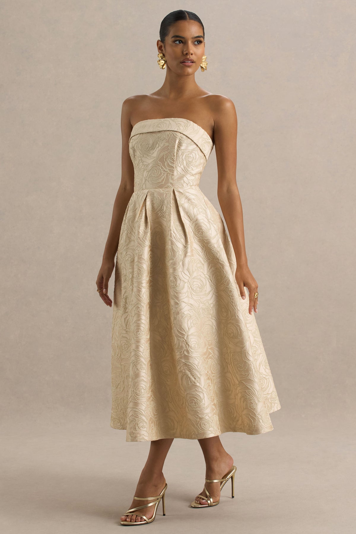 Hypnotic Gold Jacquard Bandeau Midi Dress Club L London - SA Hypnotic Gold Jacquard Bandeau Midi Dress Club L London - SA