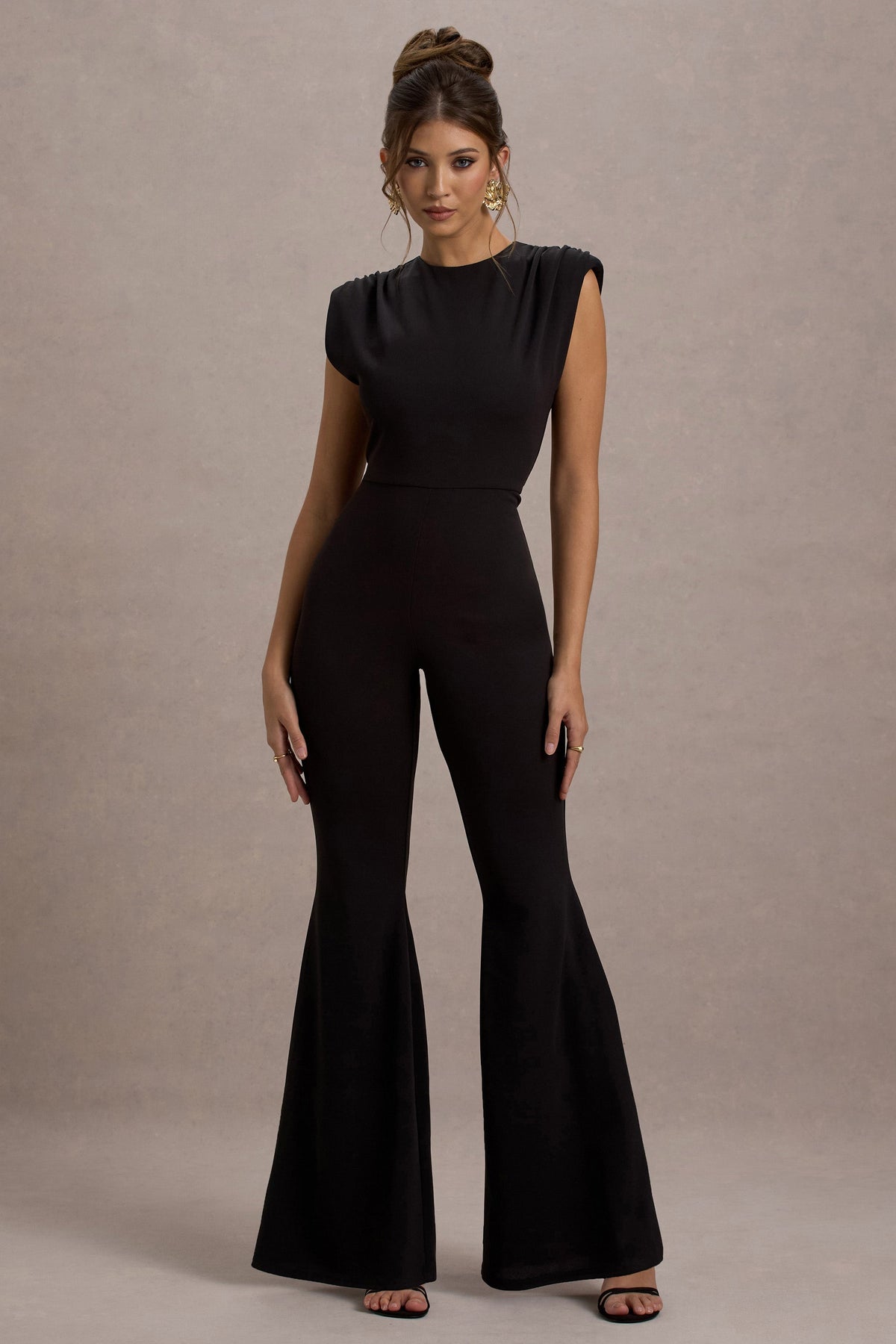 Elyna | Black High-Neck Draped Flared-Leg Jumpsuit