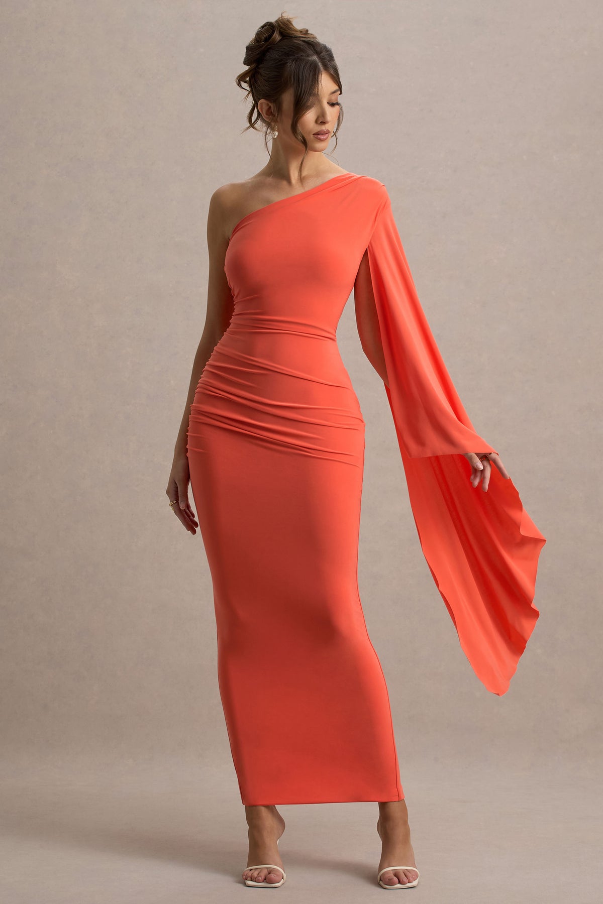Clementina Orange Asymmetric Cape Sleeve Maxi Dress Club L London - SA Clementina Orange Asymmetric Cape Sleeve Maxi Dress Club L London - SA